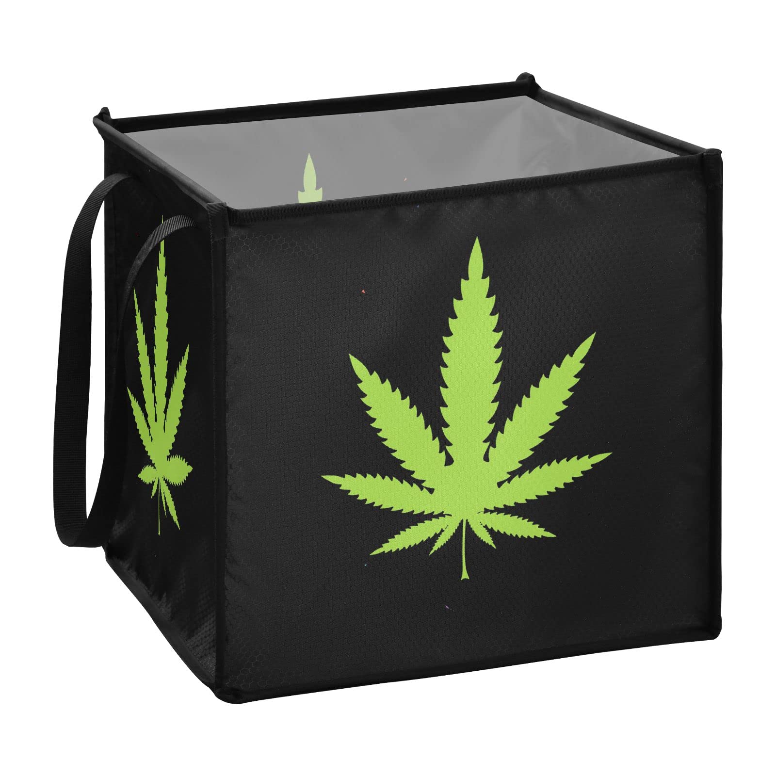 Collapsible Storage Bins with Handles - 10.6x10.6x10.6 Inch Black Fabric Cube Organizer with Green Cannabis Leaf Design for Toys, Nursery, Closet & Shelf Organization - Perfect for Home, Office & Dorm Storage Solutions