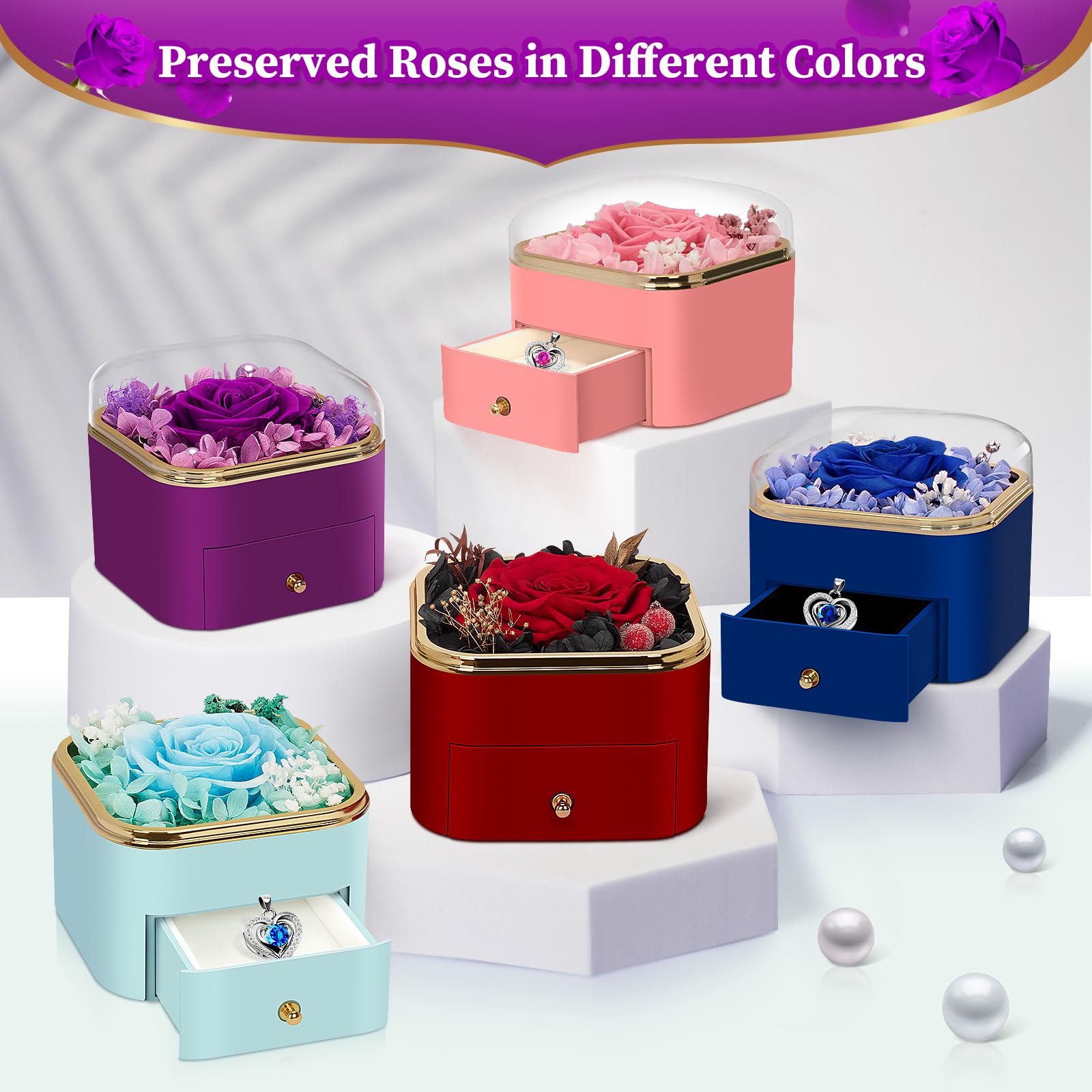 Real Preserved Rose with Heart Necklace - Romantic Eternal Flower Gift for Women, Girlfriend, Wife, Mom, Grandma - Birthday, Anniversary, Christmas Present - Perfect for Special Occasions & Keepsakes (Purple)