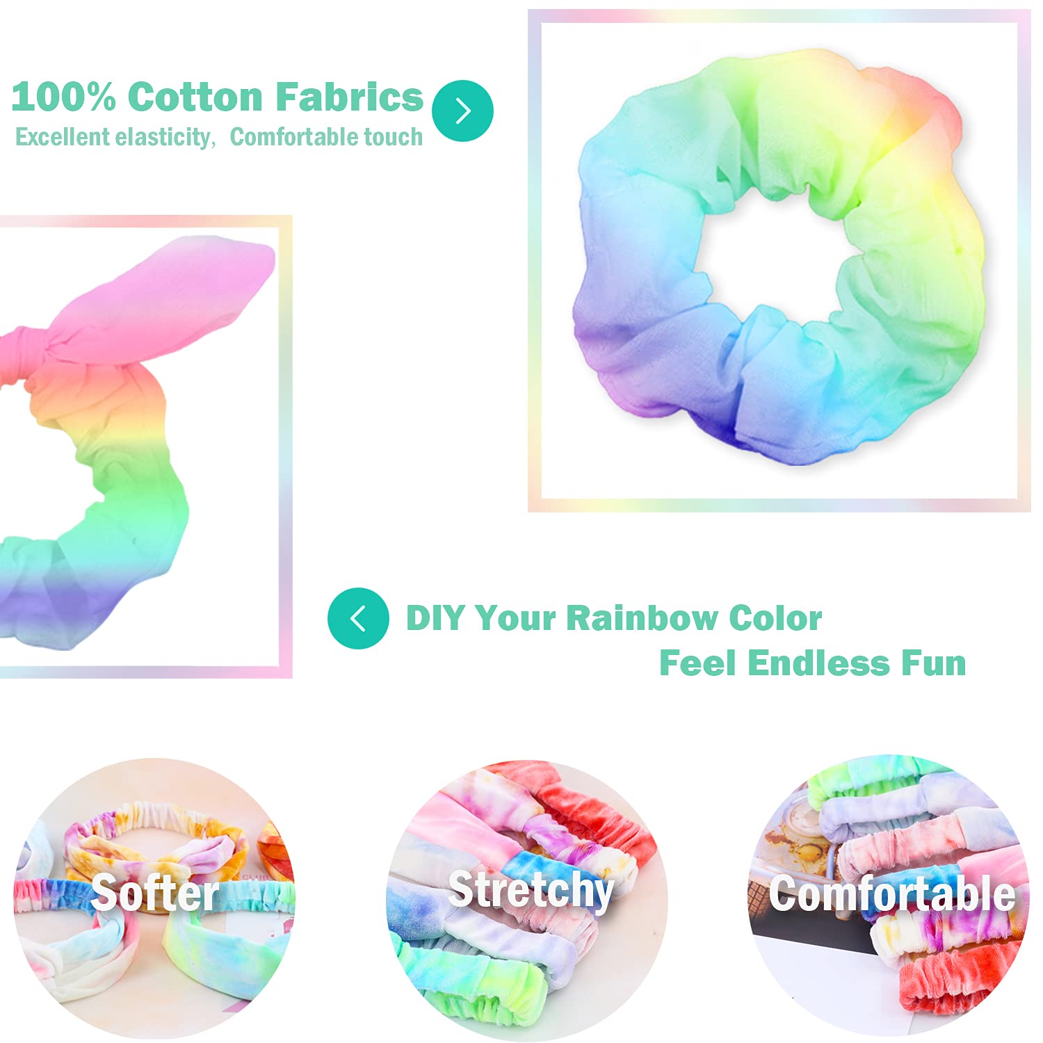 VENUSTE White Scrunchies for Tie Dye DIY - 20 Pack Cotton Hair Bows & Headbands for Women & Girls - Perfect for Party, Wedding, and Daily Hair Accessories