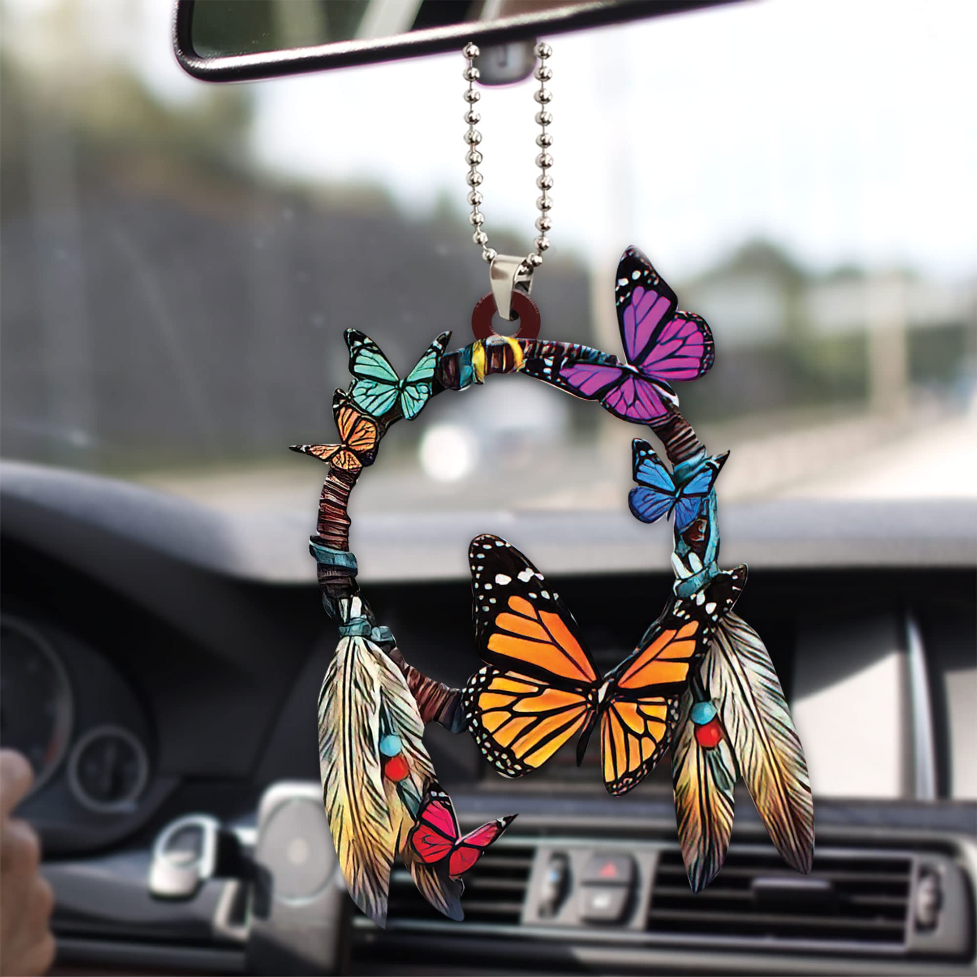 Talataca Butterfly Native American Dreamcatcher - 2D Flat Boho Car Rear View Mirror Hanging Charm, Christmas Tree Ornament & Interior Decor Gift for Home, Office, or Car Accessories | Perfect for Boho Lovers, Spiritual Gifts & Holiday Decorations