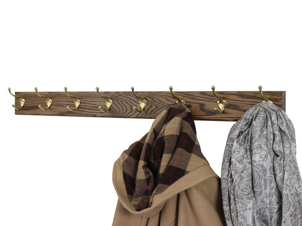 Solid Oak Coat Rack with Brass Hooks - Walnut, 20