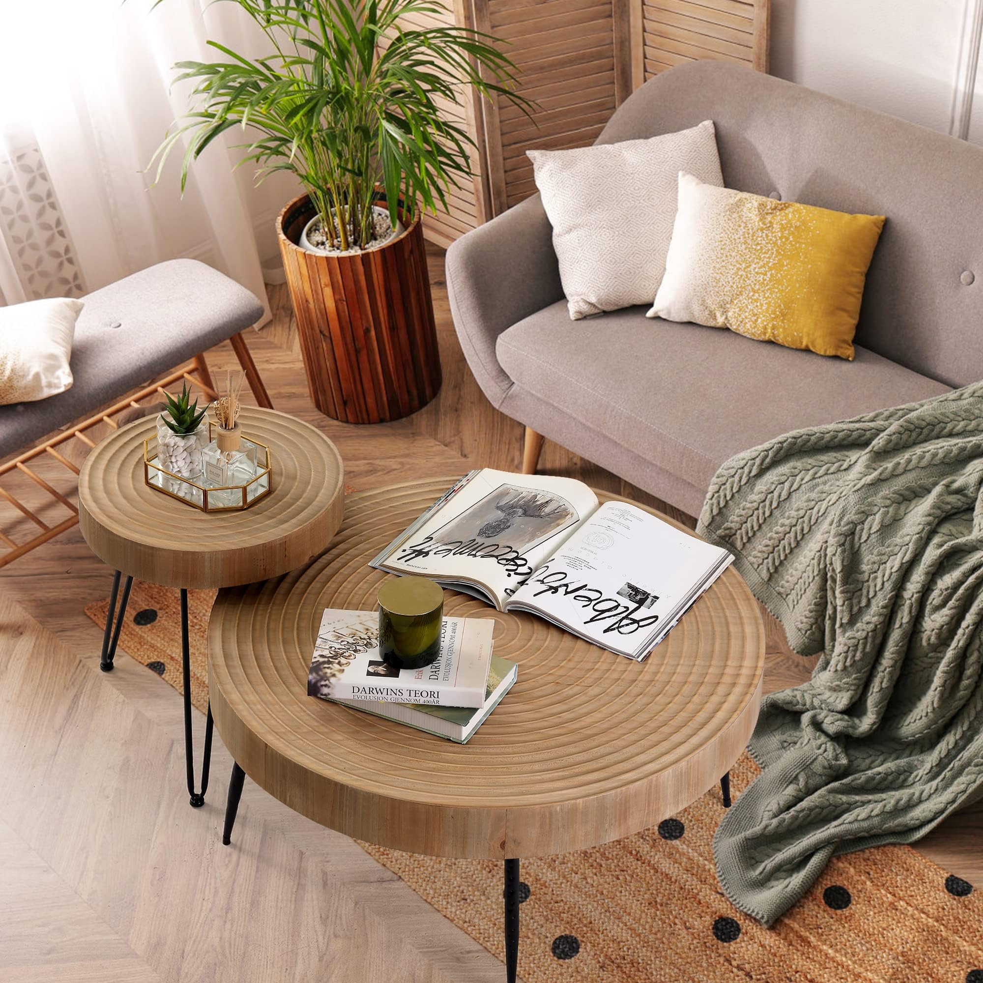 RUSTOWN 2-Piece Farmhouse Round Coffee Table Set - Modern Natural Wood Finish Cocktail & Side Tables for Living Room - Perfect for Home Decor, Cozy Gatherings & Small Spaces (Helical, Natural)