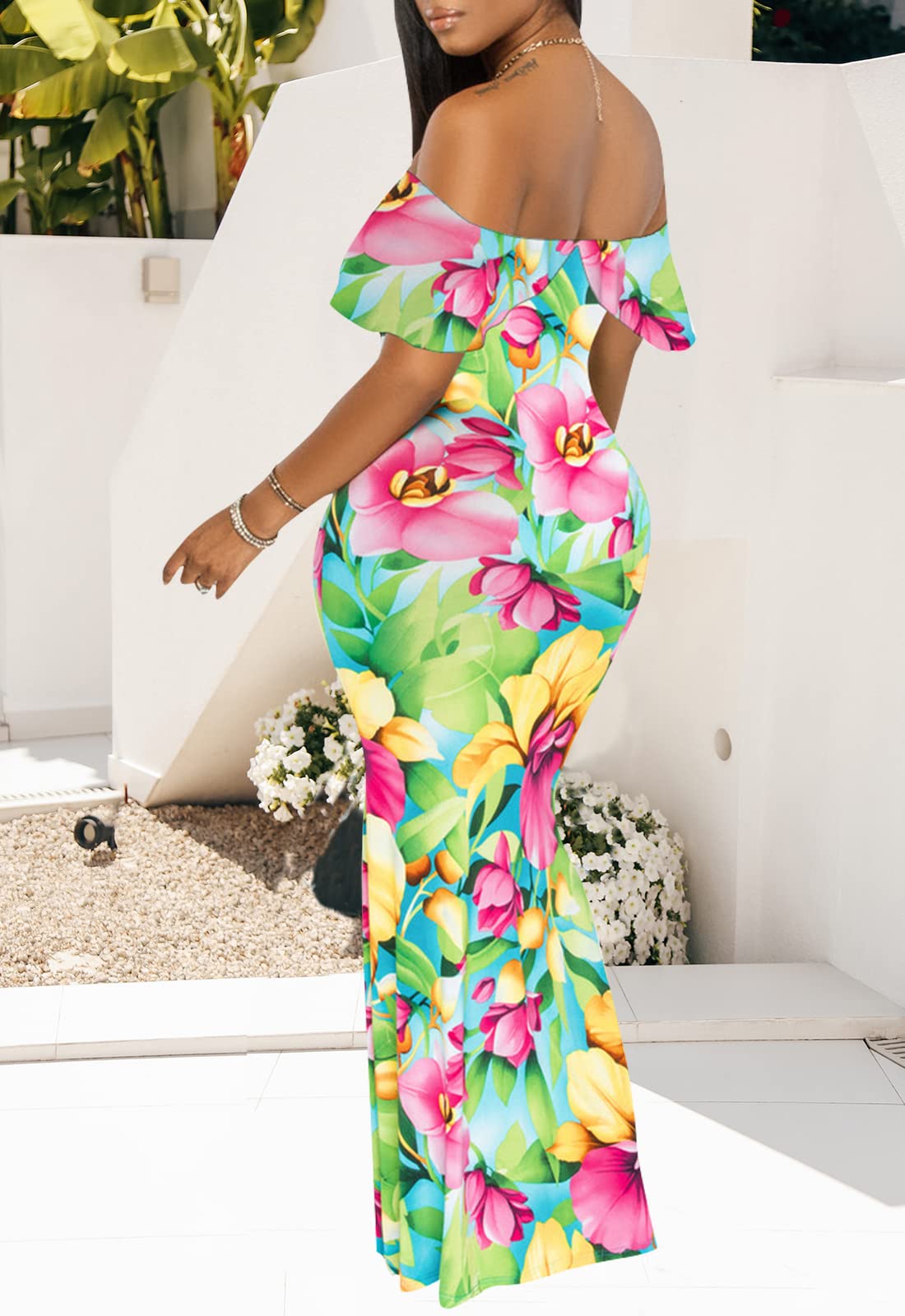 Sexy Women's Off Shoulder Maxi Dress - Hawaiian Floral Print Long Party Dress for Beach, Vacation & Evening Events