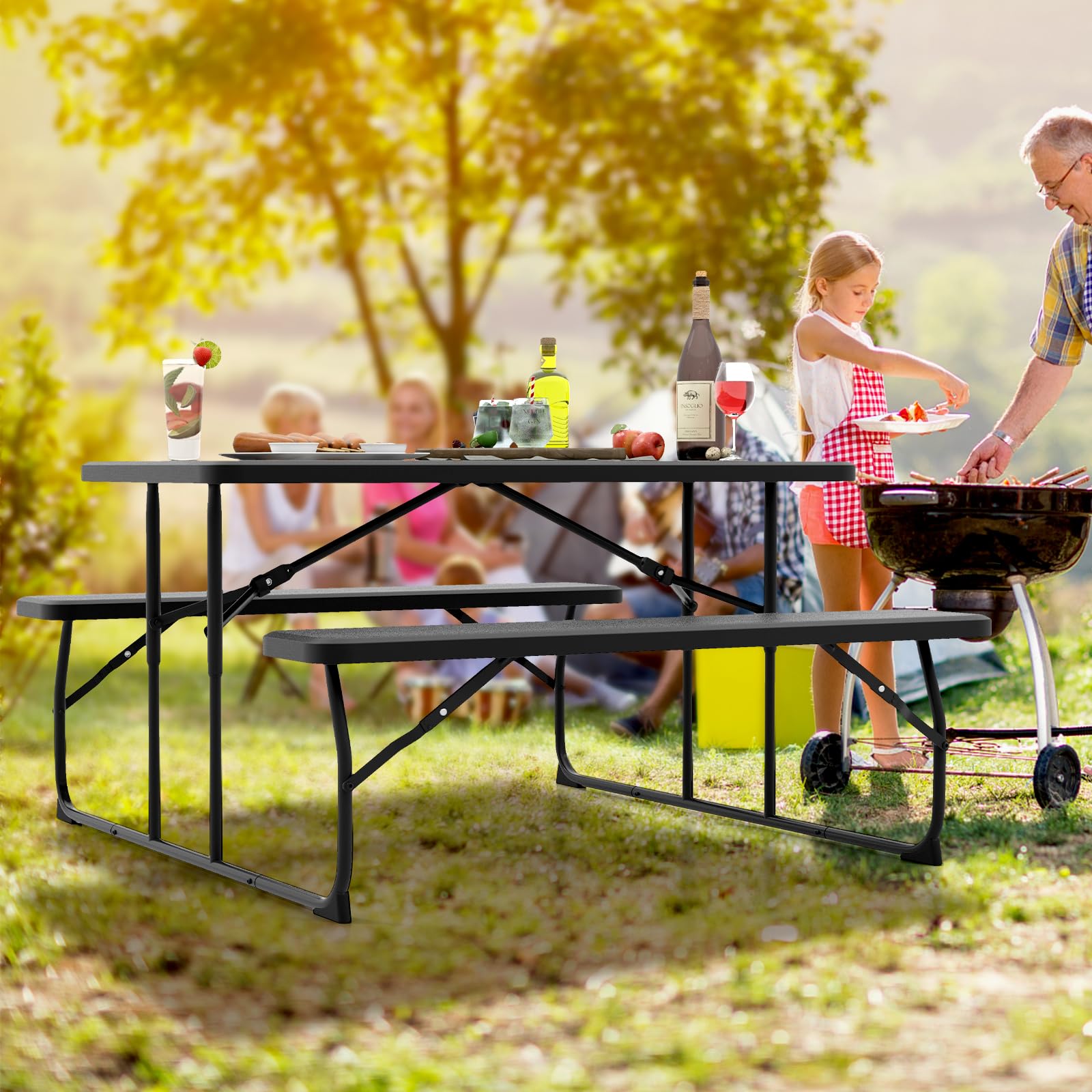 Tangkula Folding Picnic Table with 2 Benches - Portable Outdoor Metal Camping Table Set with Durable Wood-Like Plastic Tabletop & Sturdy Steel Frame - Foldable for Picnics, Parties, BBQs, Camping, Backyard & Beach (Black)