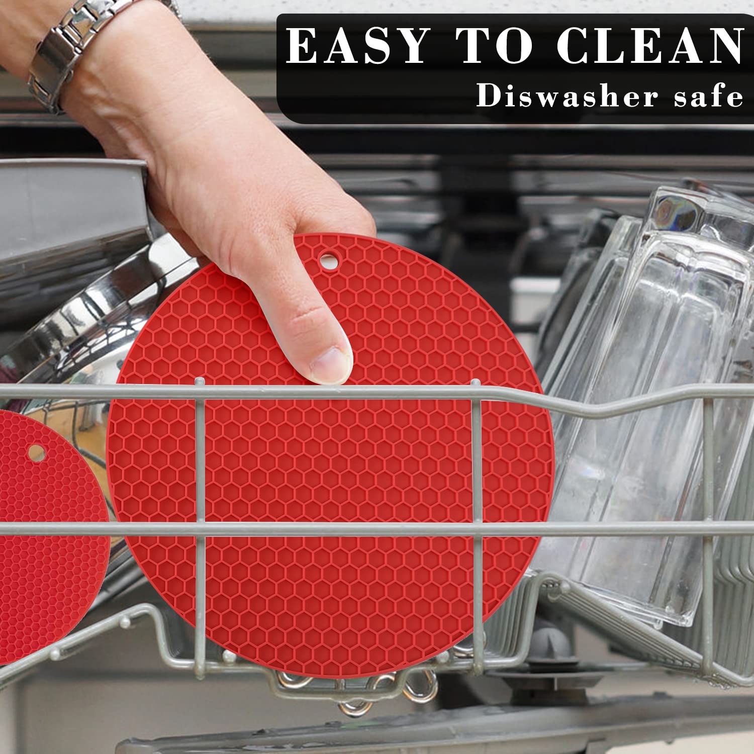 Heat Resistant Silicone Trivets for Hot Pots & Pans - 4PCS Oversized Kitchen Pot Holders, Hot Pads, Spoon Holder & Jar Opener - Non-Slip Drying Mat for Countertops (Red) - Perfect for Cooking, Baking & Serving Dishes