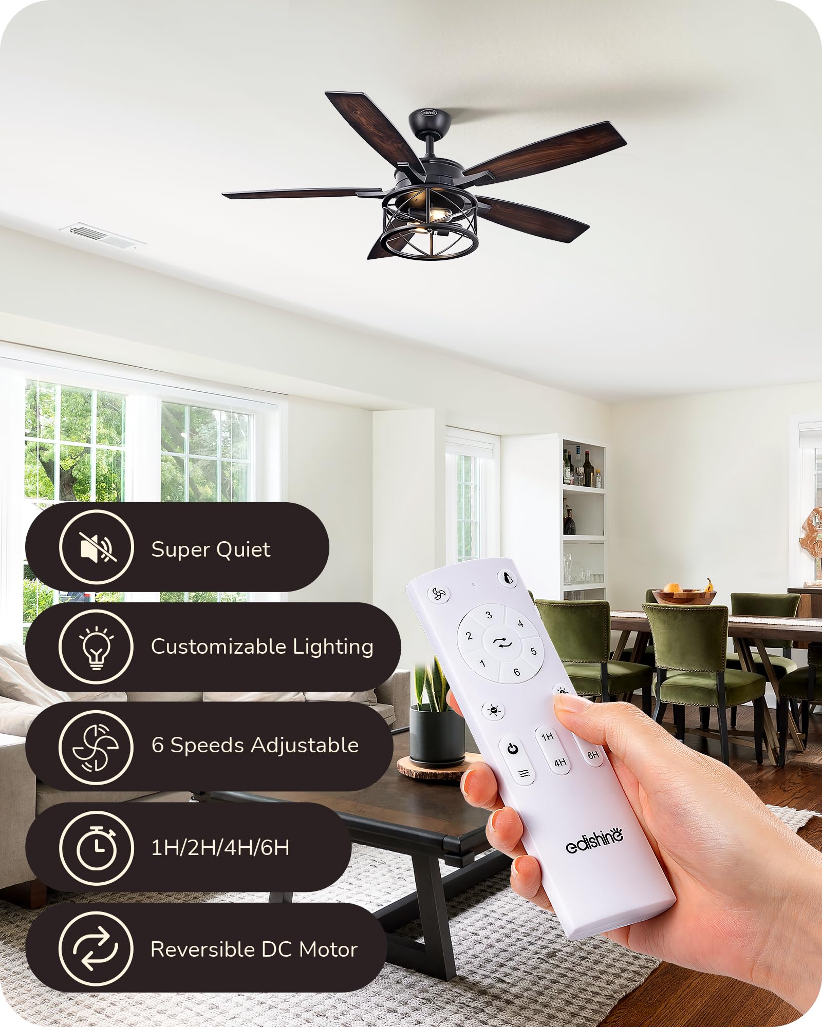 52 Inch Farmhouse Ceiling Fan with Light and Remote - Rustic Wood Blades, 6 Speed Reversible DC Motor, Timer Function - Perfect for Bedroom, Living Room, Patio and Porch Decoration