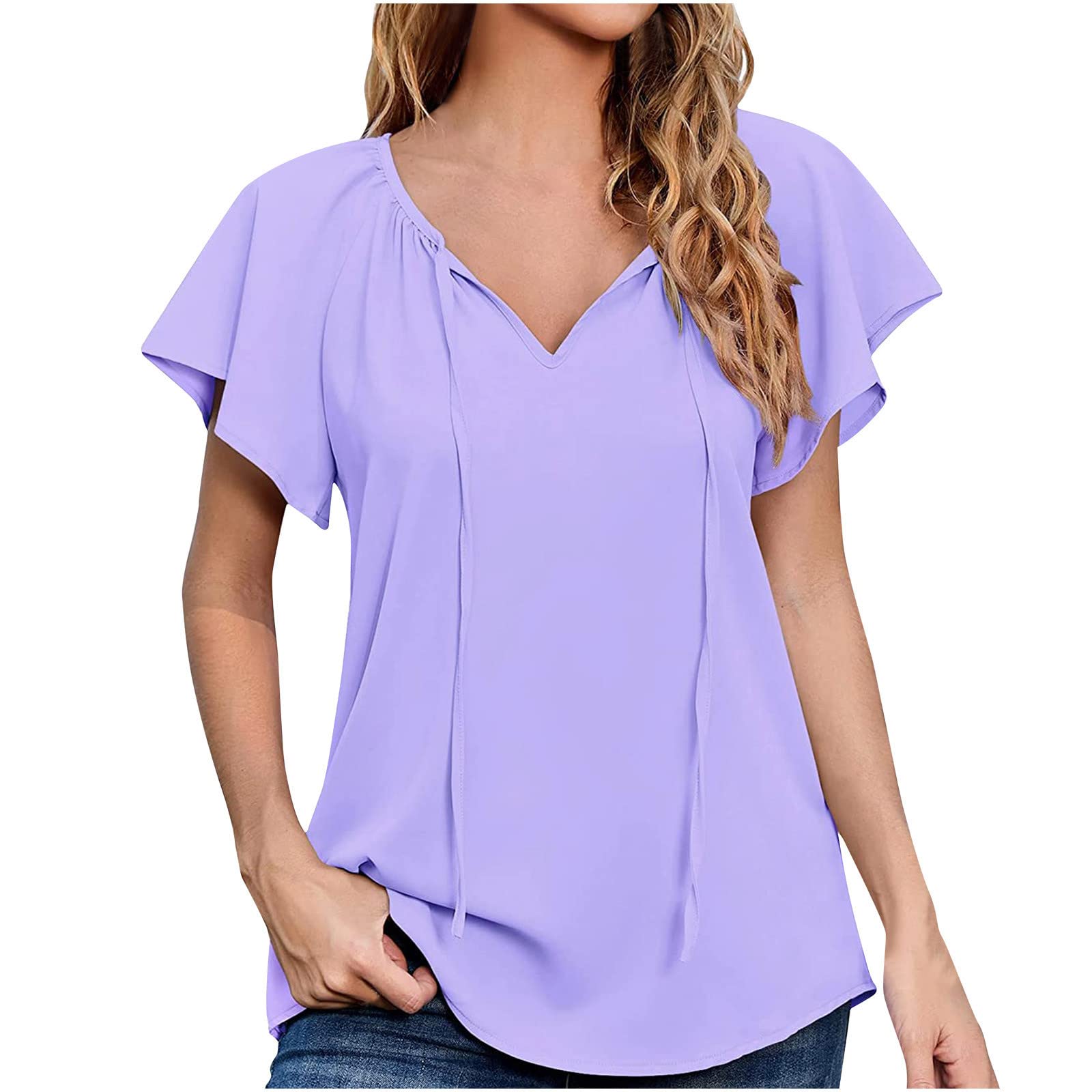 Women's V-Neck Summer Tops - Flowy Ruffle Blouses & Short Sleeve Comfortable Loose T-Shirts for Casual Wear, Beach Outfits, and Everyday Style