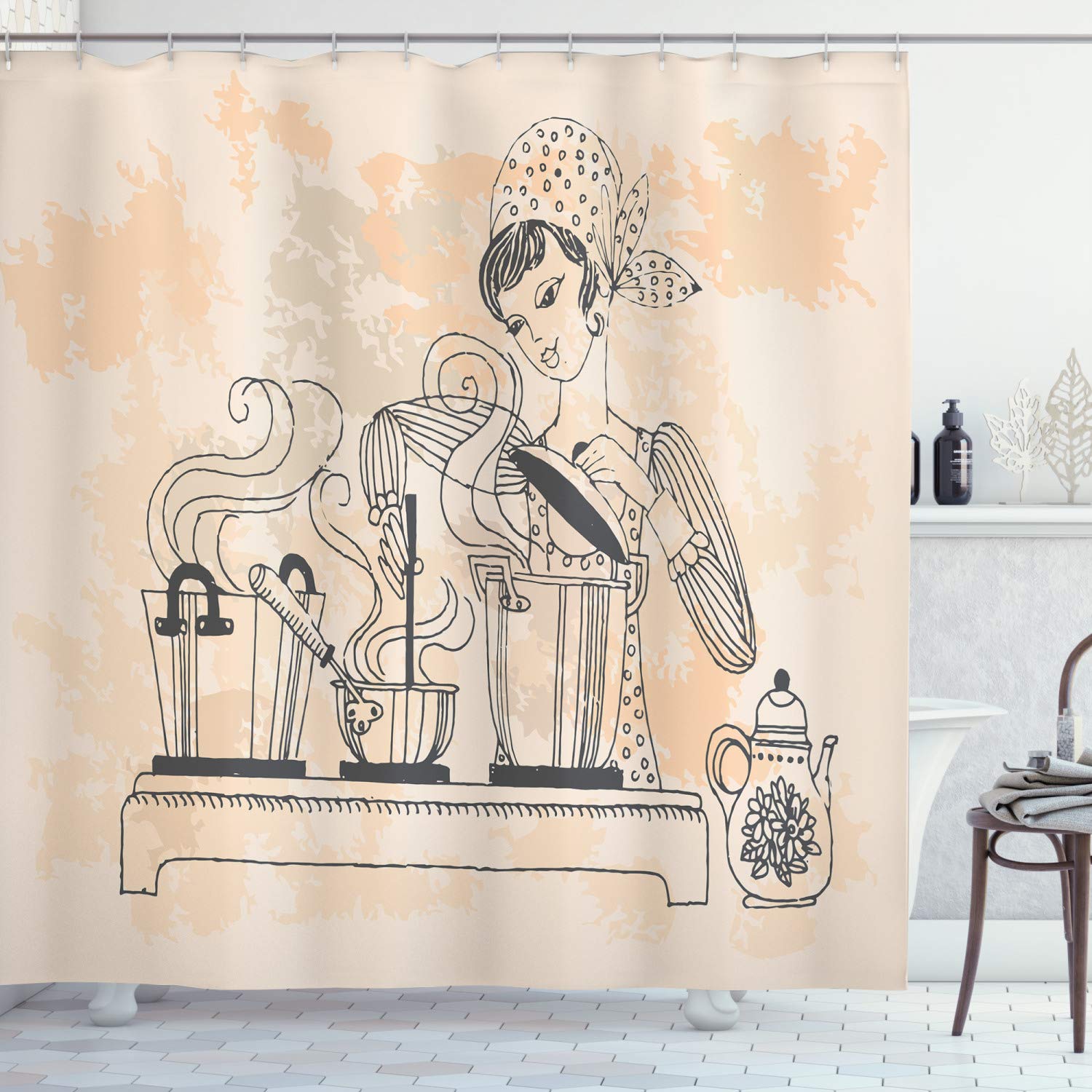 Ambesonne Vintage Woman Shower Curtain - Retro Housewife Cooking Kitchen Design, 69x70 Inch Waterproof Fabric Bathroom Decor with Hooks - Perfect for Vintage Themed Bathrooms & Retro Home Decor