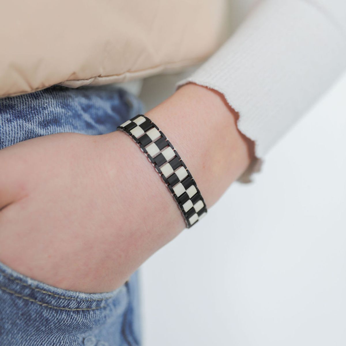 Checkered Pattern Bracelet for Women - Black & Cream Color Adjustable Wristband | Perfect for Casual Wear, Parties, and Everyday Fashion Accessories