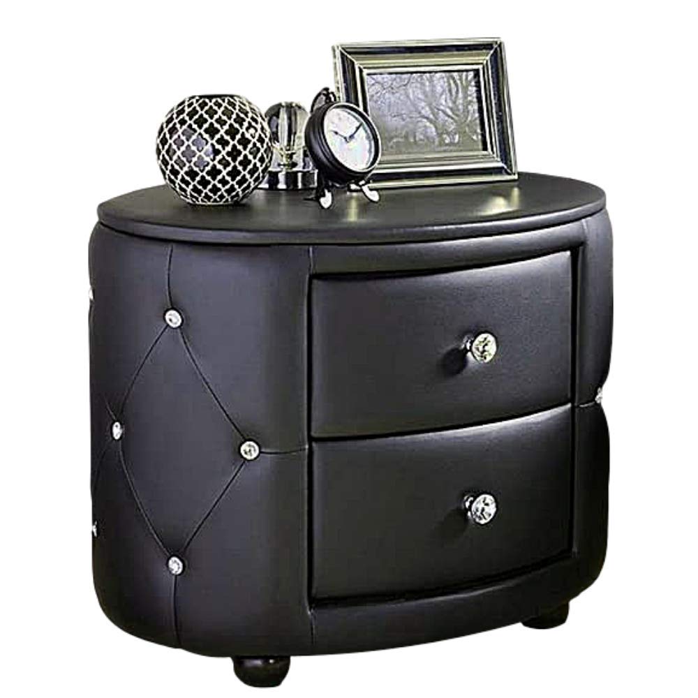 Modern Black Faux Leather Oval Nightstand with Crystal Button Tufted Upholstery - 2 Drawer Bedside Cabinet, End Table for Bedroom, Living Room | Perfect as Phone Stand, eBook Reader Holder & Chairside Accent Table - Home Furniture by BADA Shop