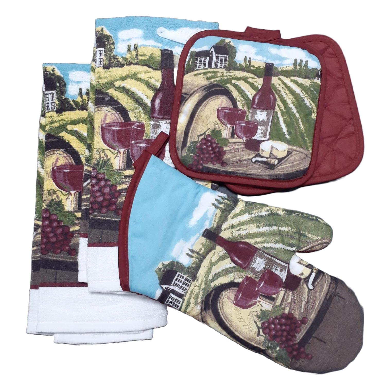 Vineyard Wine Country Rolling Greens Print Kitchen Linen Set - 1 Oven Mitt, 2 Pot Holders & 2 Dish Towels - Heat Resistant & Absorbent for Cooking, Baking & Kitchen Decor