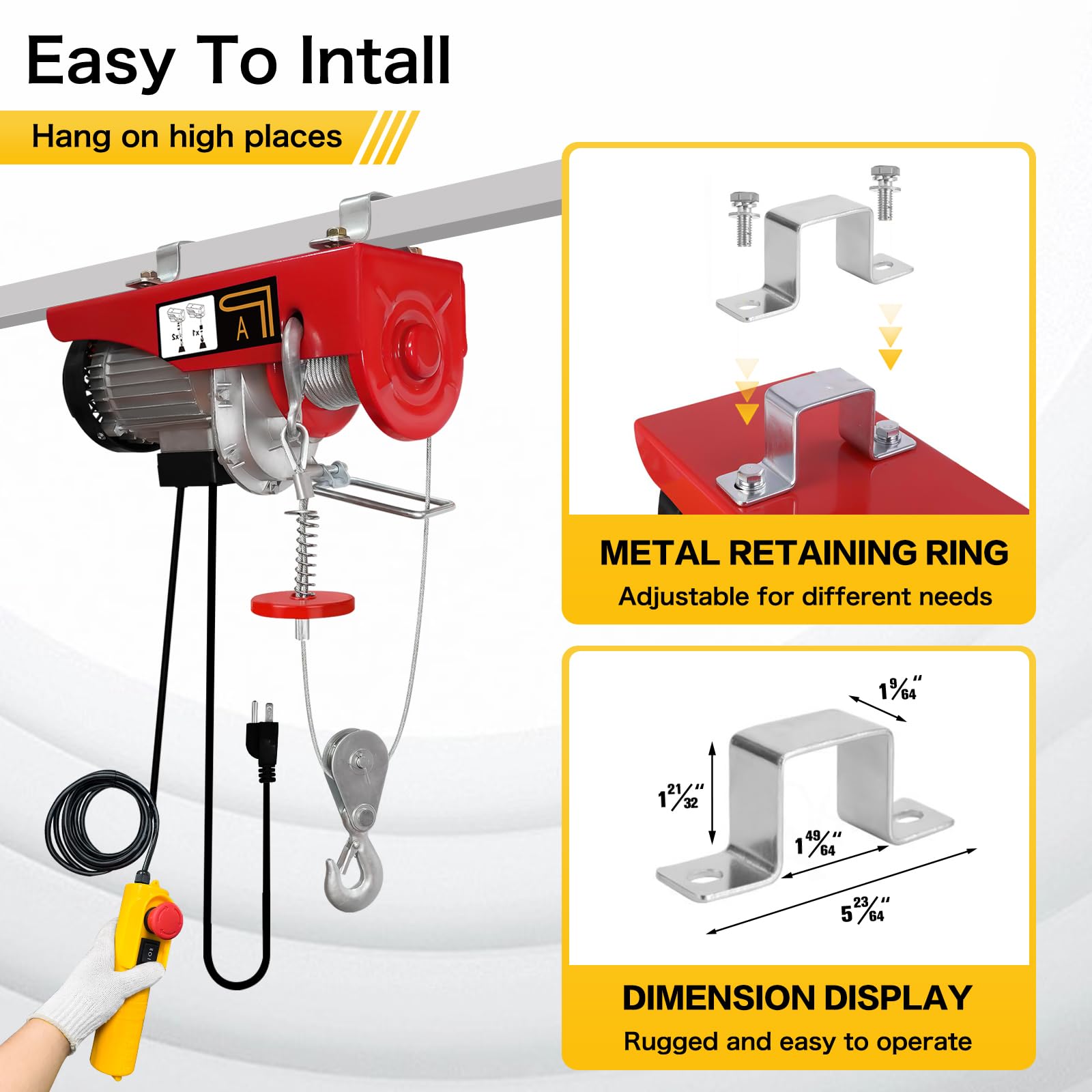 110V Electric Hoist Winch - 1760Lbs Capacity with Remote Control & Emergency Stop | 38ft Lifting Height for Single/Double Slings | Heavy Duty for Factories, Warehouses & Construction Sites | Perfect for Lifting Machinery, Building Materials & Equipment Installation
