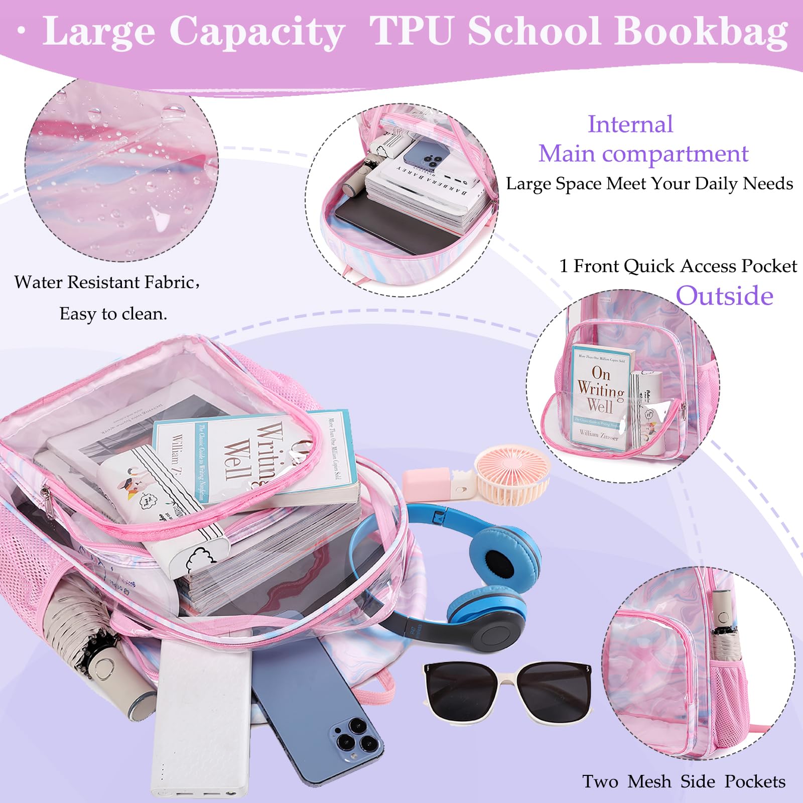 Clear Backpack for School - Heavy Duty TPU Transparent Bookbag for Girls & Teens, Large Capacity Waterproof Pink Backpack for College, Travel, Work & Security Check