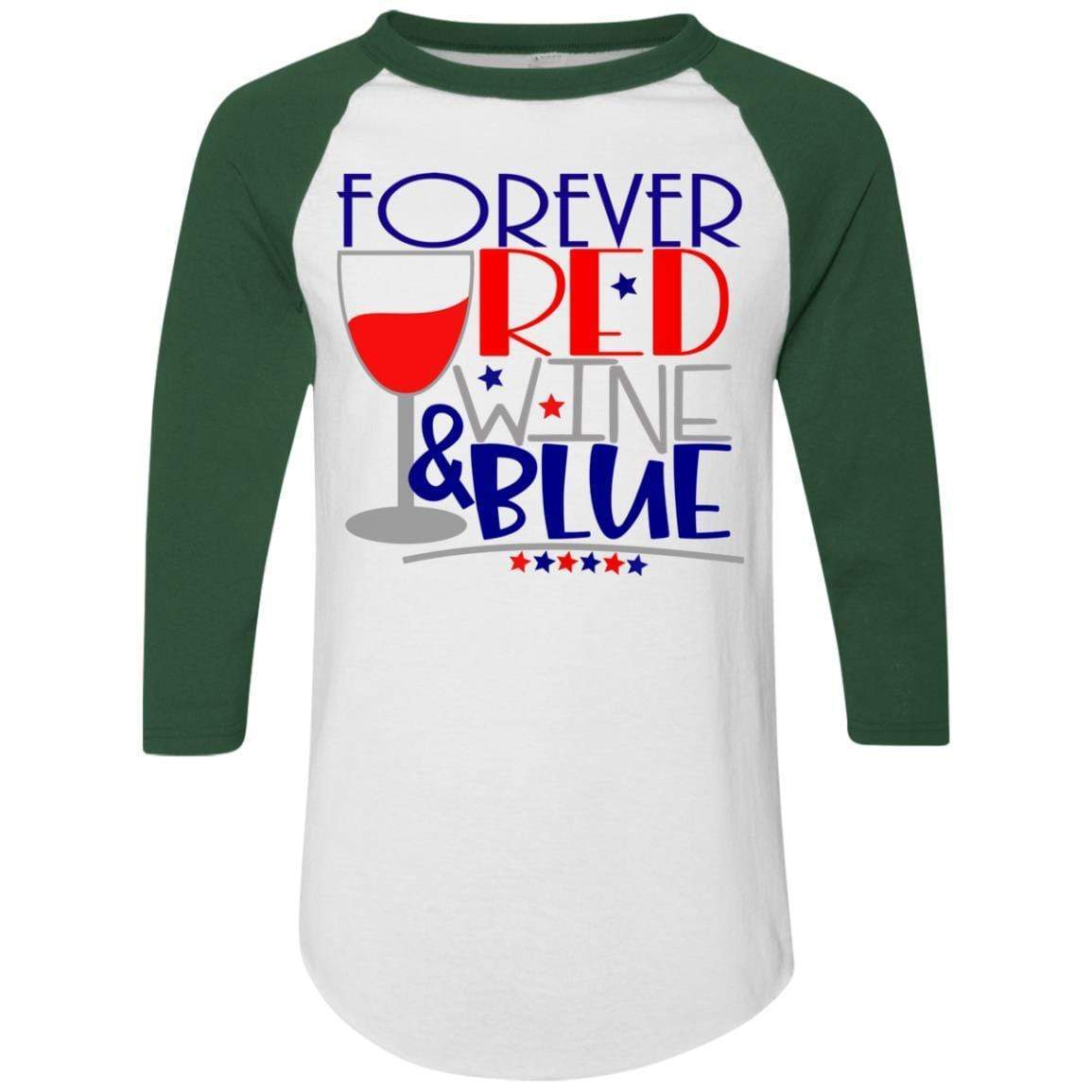 WineyBitches.Co Forever Red Wine & Blue Colorblock Raglan Jersey - Stylish Baseball Tee for Casual Wear, Girls Night Out & Patriotic Events