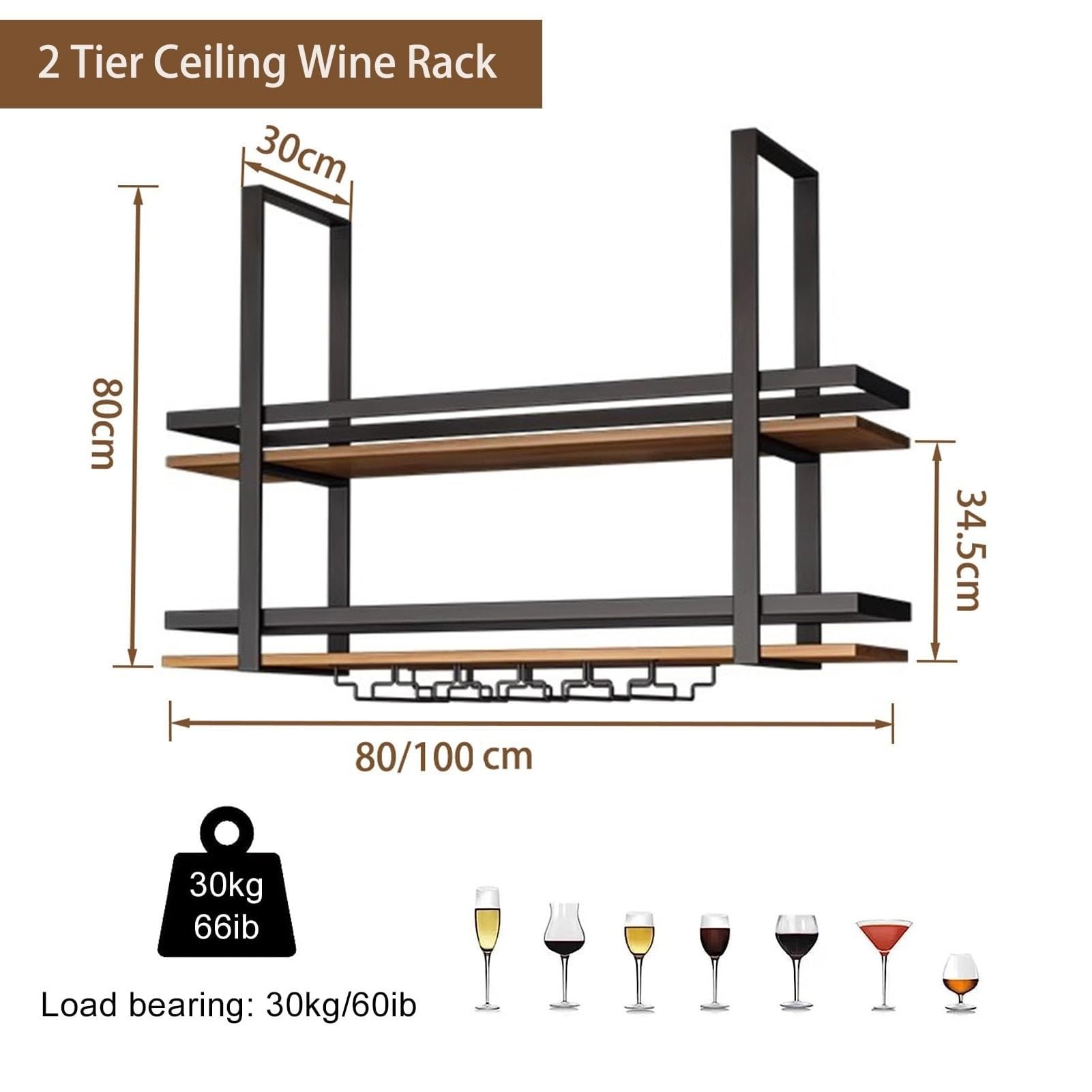 Hanging Wine Glass Rack - Solid Wood Ceiling Wine Shelf with Guard Rails, Wall Mounted Kitchen Storage for Wine Glasses (80x30x80cm) - Perfect for Kitchen, Bar, Loft & Home Decor