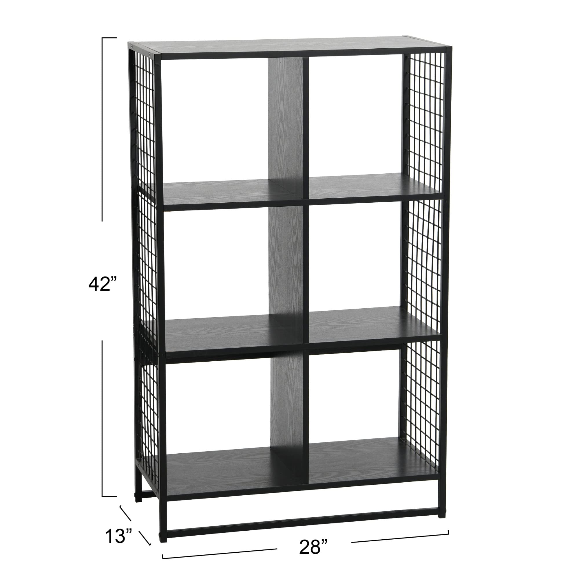 6-Cube Open Storage Bookshelf - Black Oak Wood Grain & Black Metal - Modern Trellis Design for Living Room, Bedroom, or Office Organization