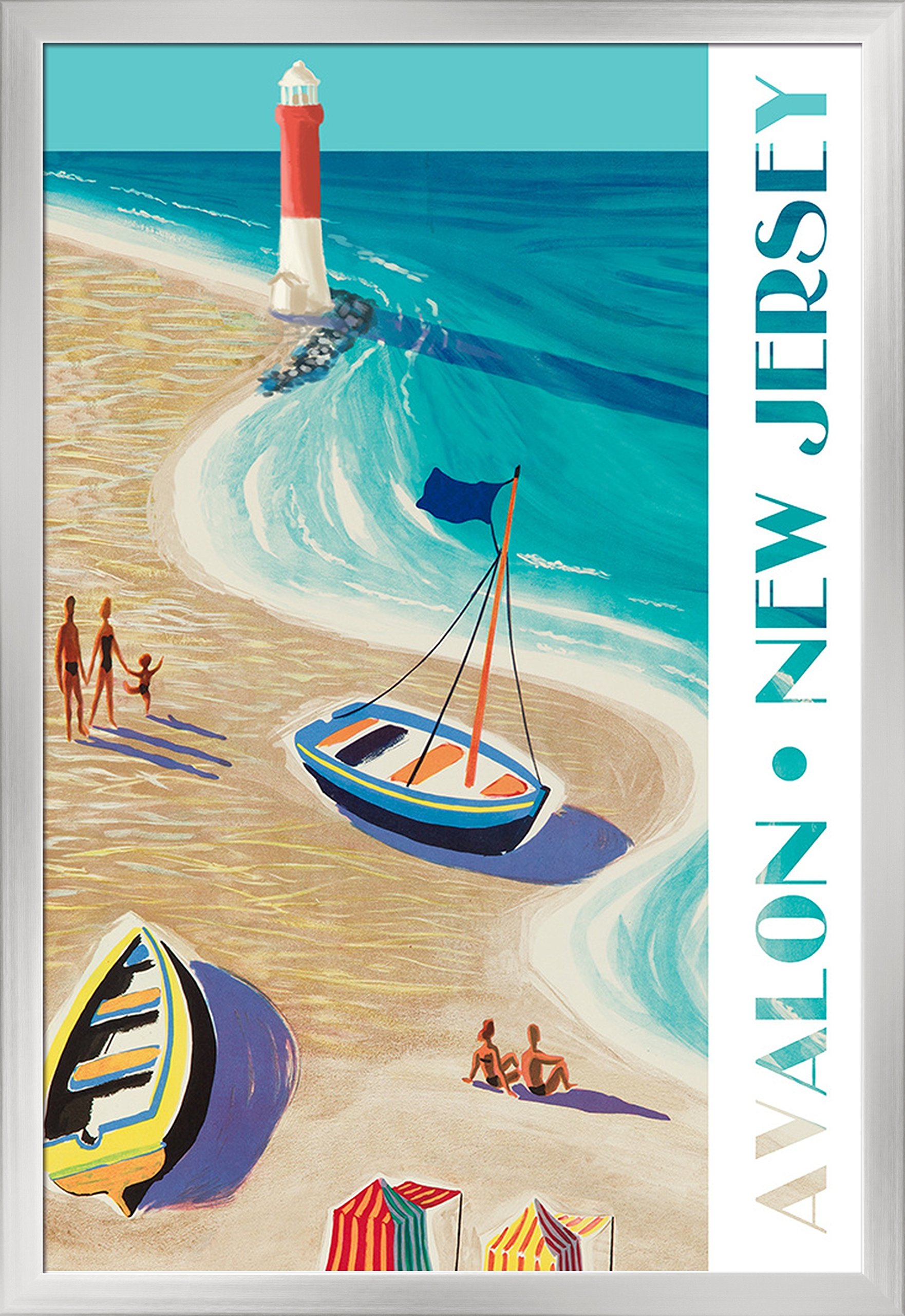 Vintage Avalon New Jersey Beach Scene Art Print - 24x36 Giclee Gallery Framed in Silver Wood - Coastal Wall Decor for Living Room, Bedroom or Office