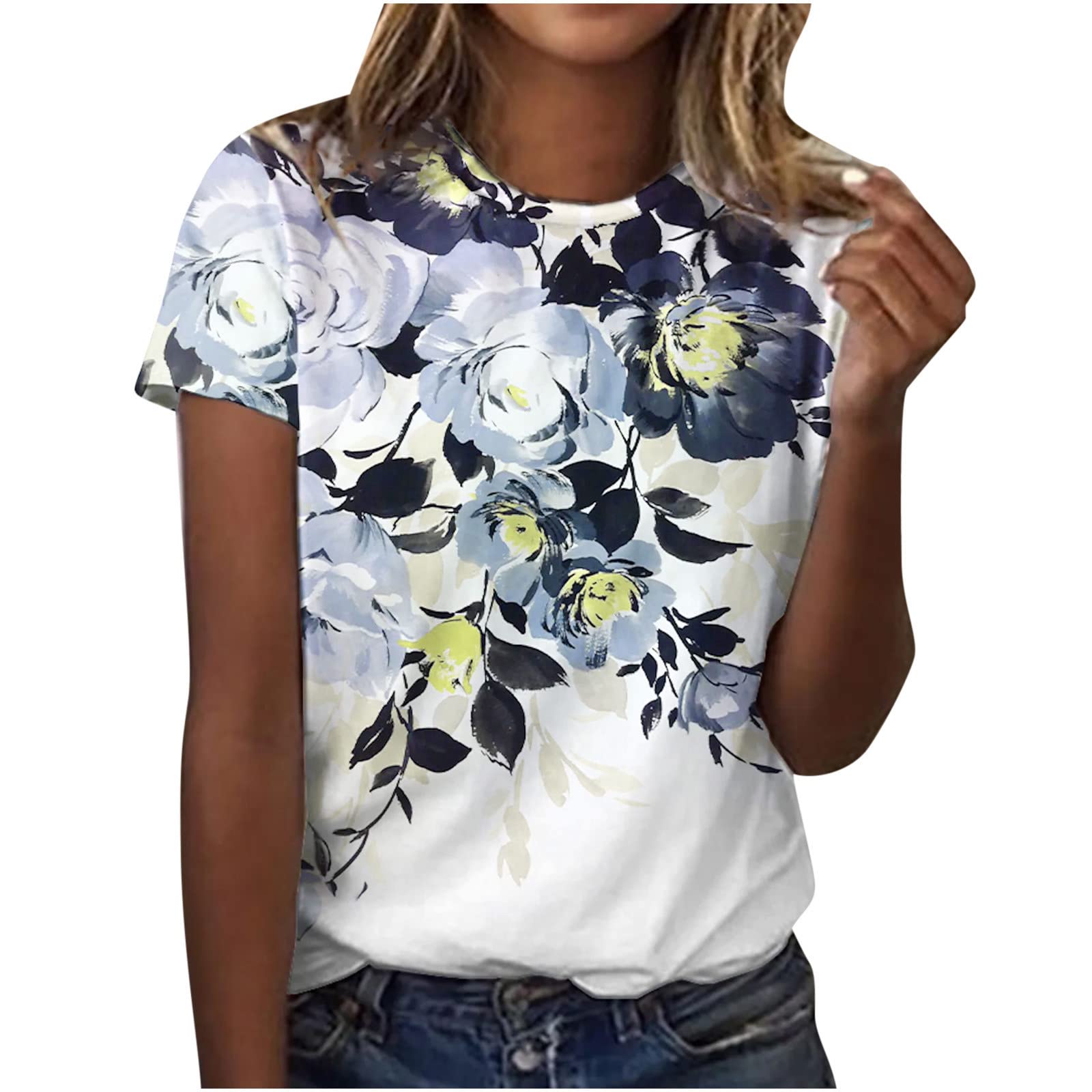 Women's Summer Floral Print T-Shirt - Casual Short Sleeve Crewneck Blouse for Going Out, Beach, and Everyday Wear