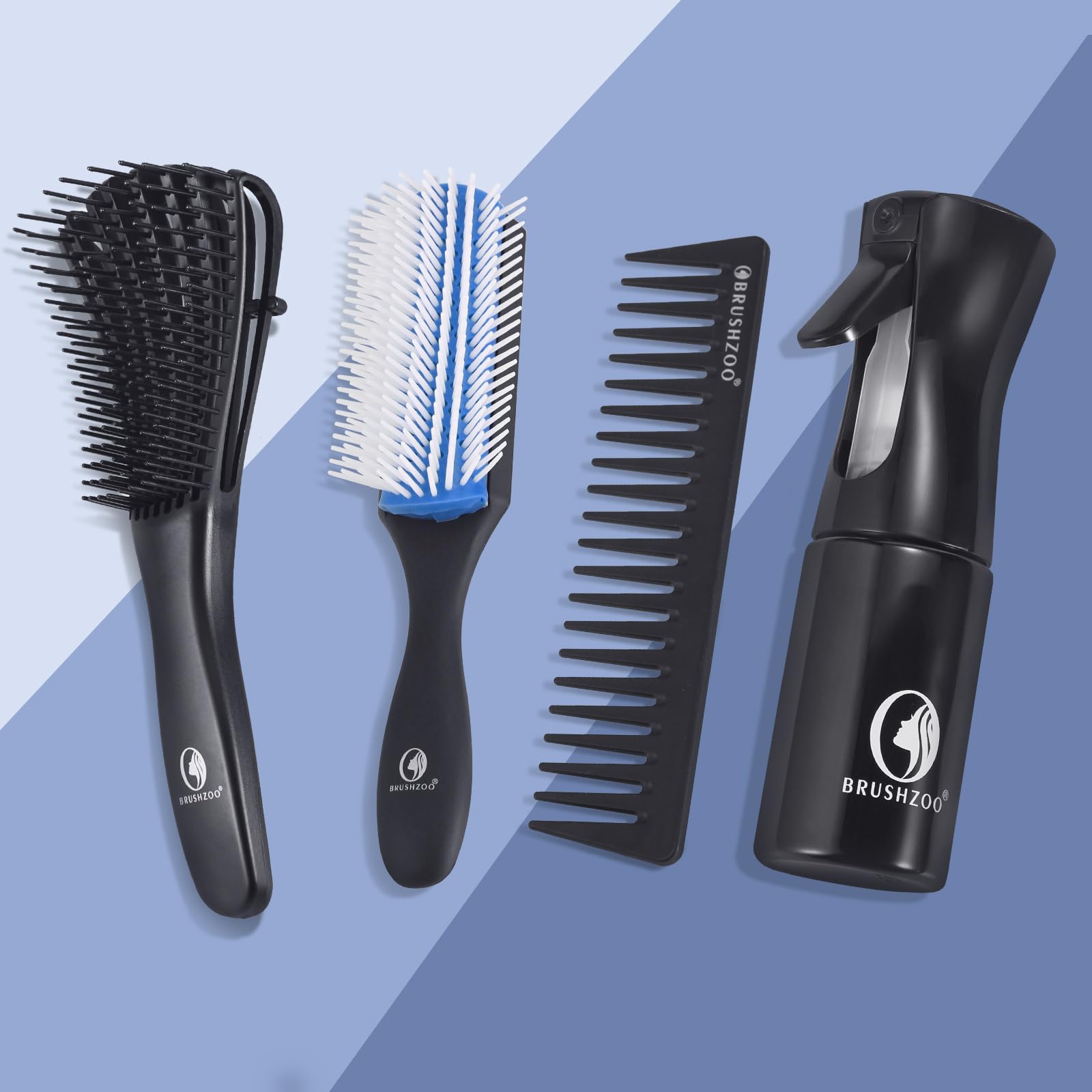 BRUSHZOO Hair Brush Set for Women, Men & Kids - Detangling Brush for Curly, Natural & 3/4abc Hair with Wide Tooth Comb & Spray Bottle | Perfect for Home, Travel & Salon Styling
