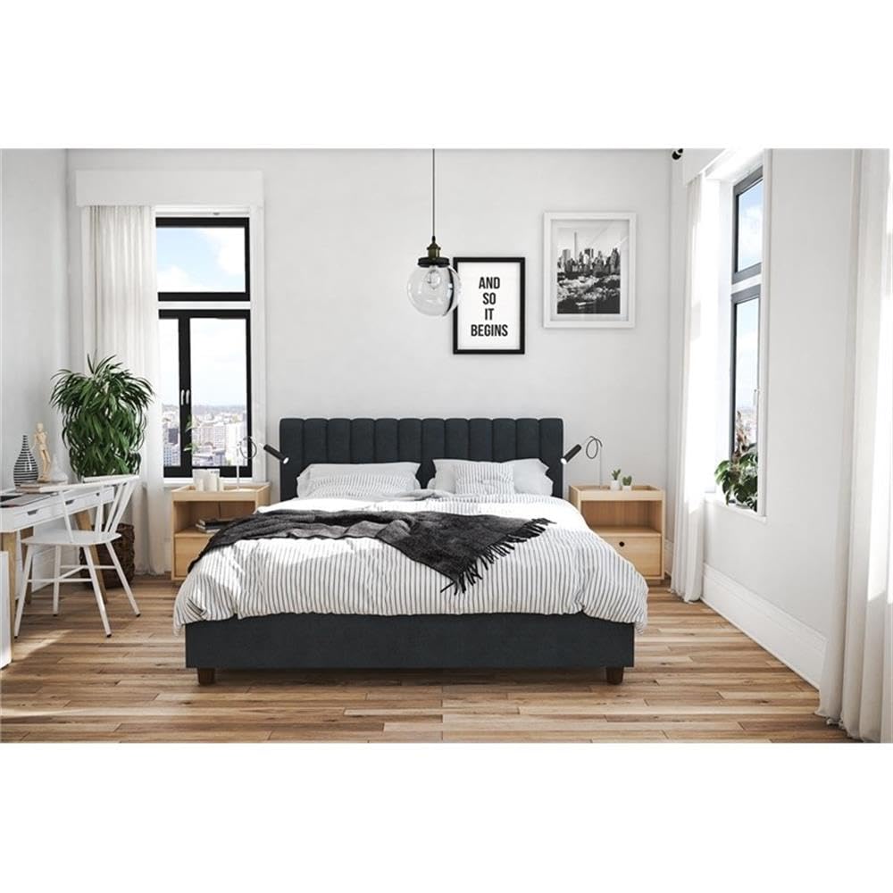 Pemberly Row Contemporary Queen Upholstered Bed - Blue Linen Fabric Upholstery, Modern Platform Bed Frame with Wooden Legs | Perfect for Master Bedroom, Guest Room & Modern Home Decor