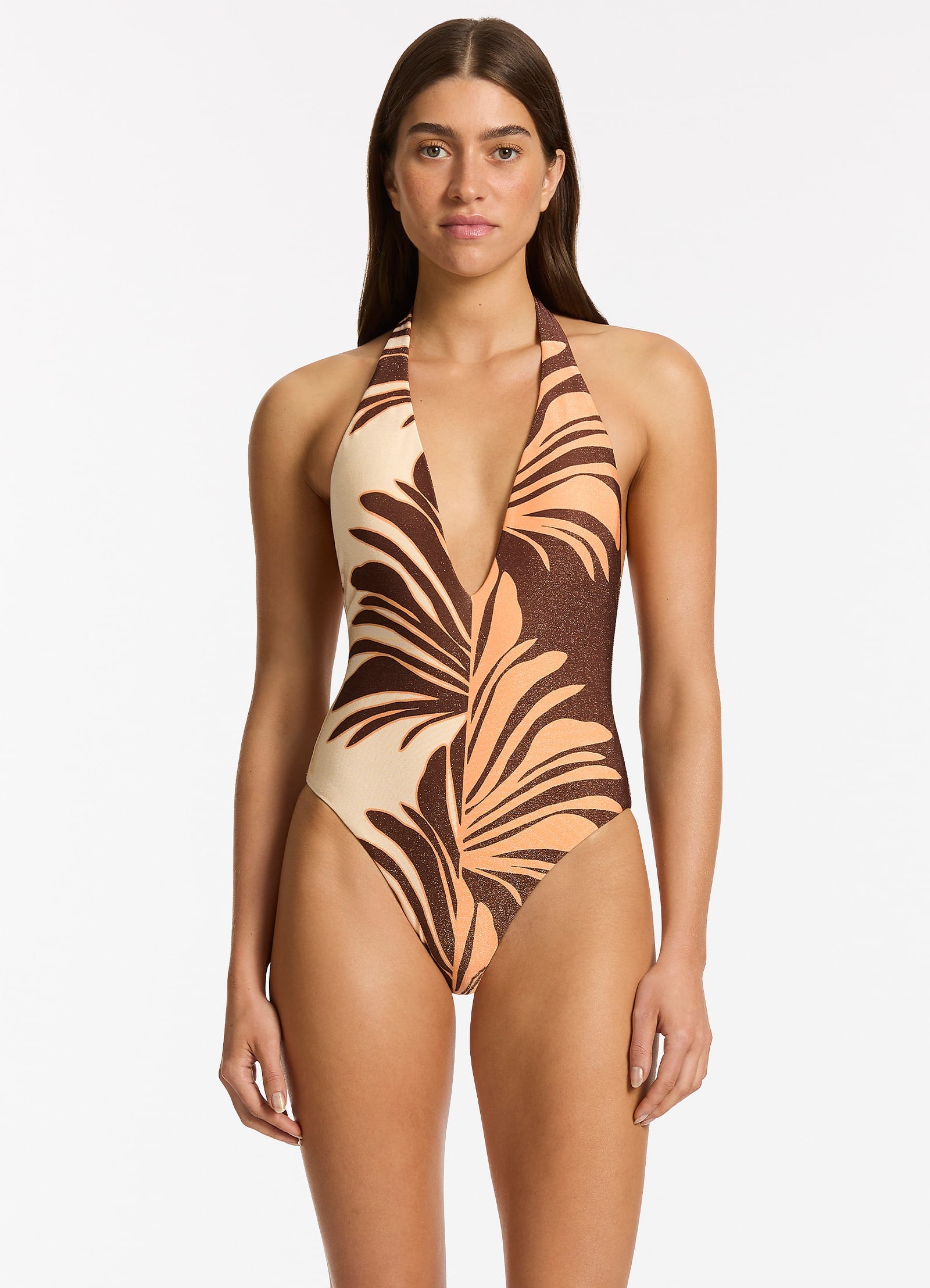 Dahlia Palm Plunge One Piece Swimsuit - Chocolate Brown Monokini for Women, Beach Vacation & Pool Party Essential