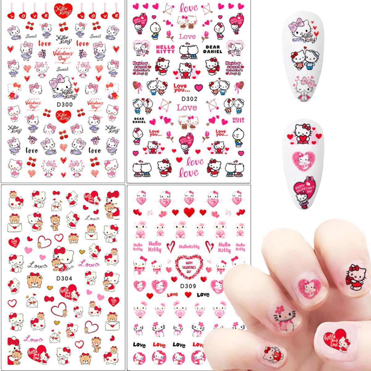 3D Nail Stickers for Valentine's Day - 8 Sheets Cute Cat & Heart Nail Art Designs for Women & Girls | DIY Manicure Decals for Parties, Date Nights & Special Occasions