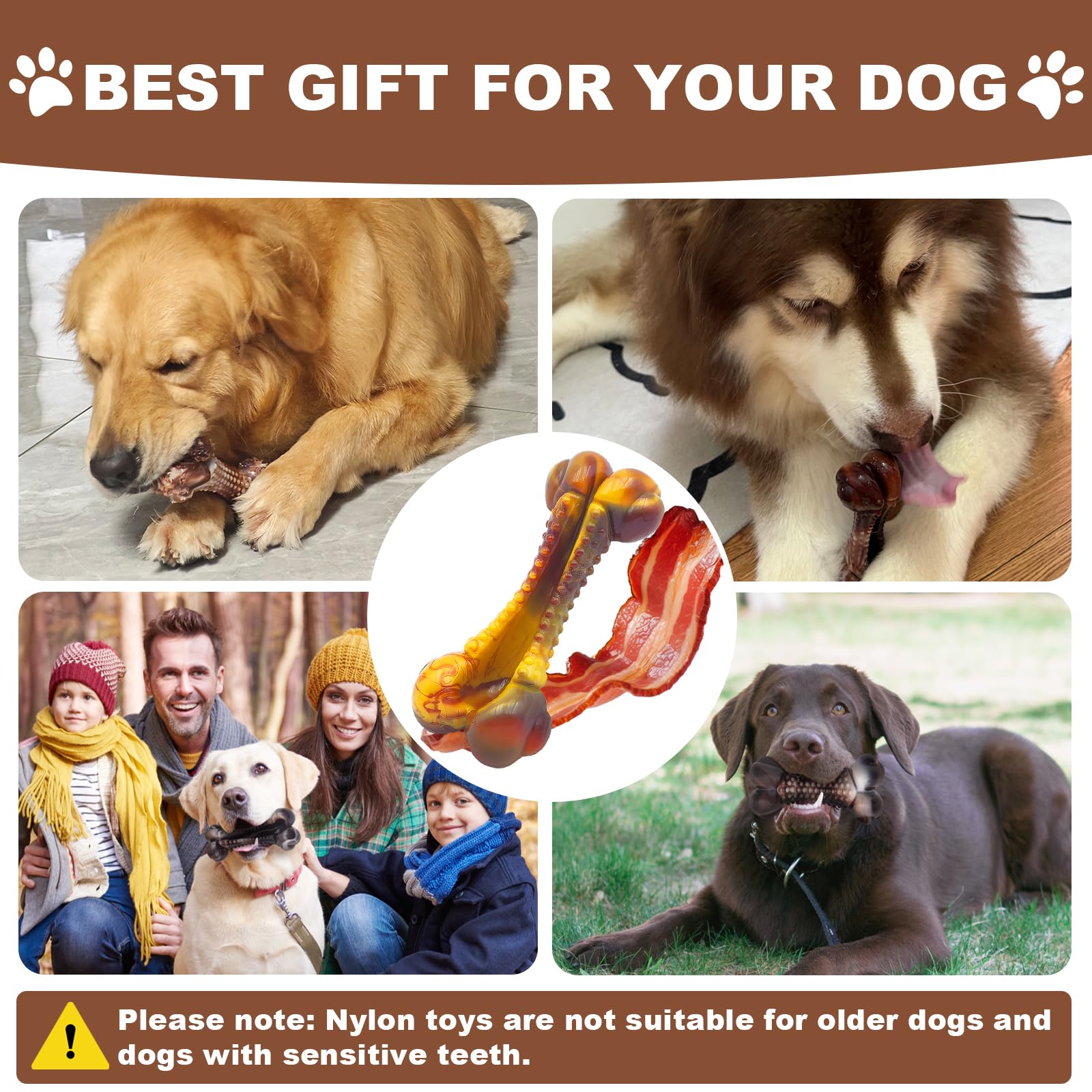 Indestructible Dog Chew Toys for Aggressive Chewers - Tough Nylon Durable Chew Toy for Small, Medium & Large Breeds with Bacon Flavor - Interactive Pet Toy to Keep Dogs Busy - Best Gift for Puppy & Adult Dogs (Great for Teething, Boredom & Anxiety Relief)