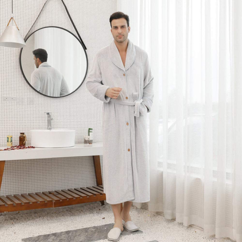 KTUCN Flannel Bathrobe for Men & Women - Soft Warm Winter Robe with Buttons, Loose Plus Size XXXL in Light Gray - Cozy for Pregnancy, Lounging & Home Relaxation