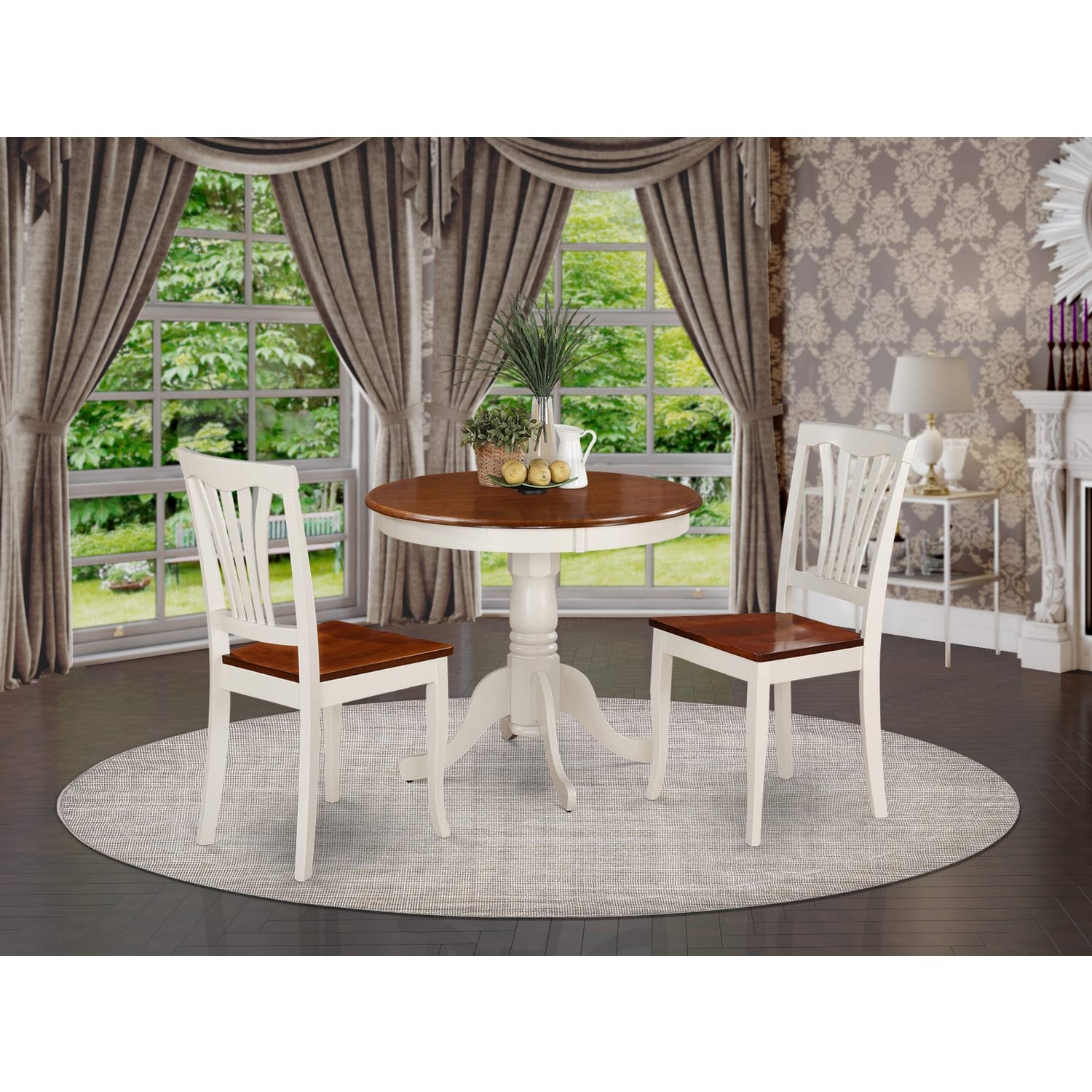 East West Furniture ANAV3-WHI-W 3-Piece Small Kitchen Table and Chairs Set - Compact Dining Table with 2 Matching Chairs for Small Spaces, Breakfast Nooks & Cozy Apartments