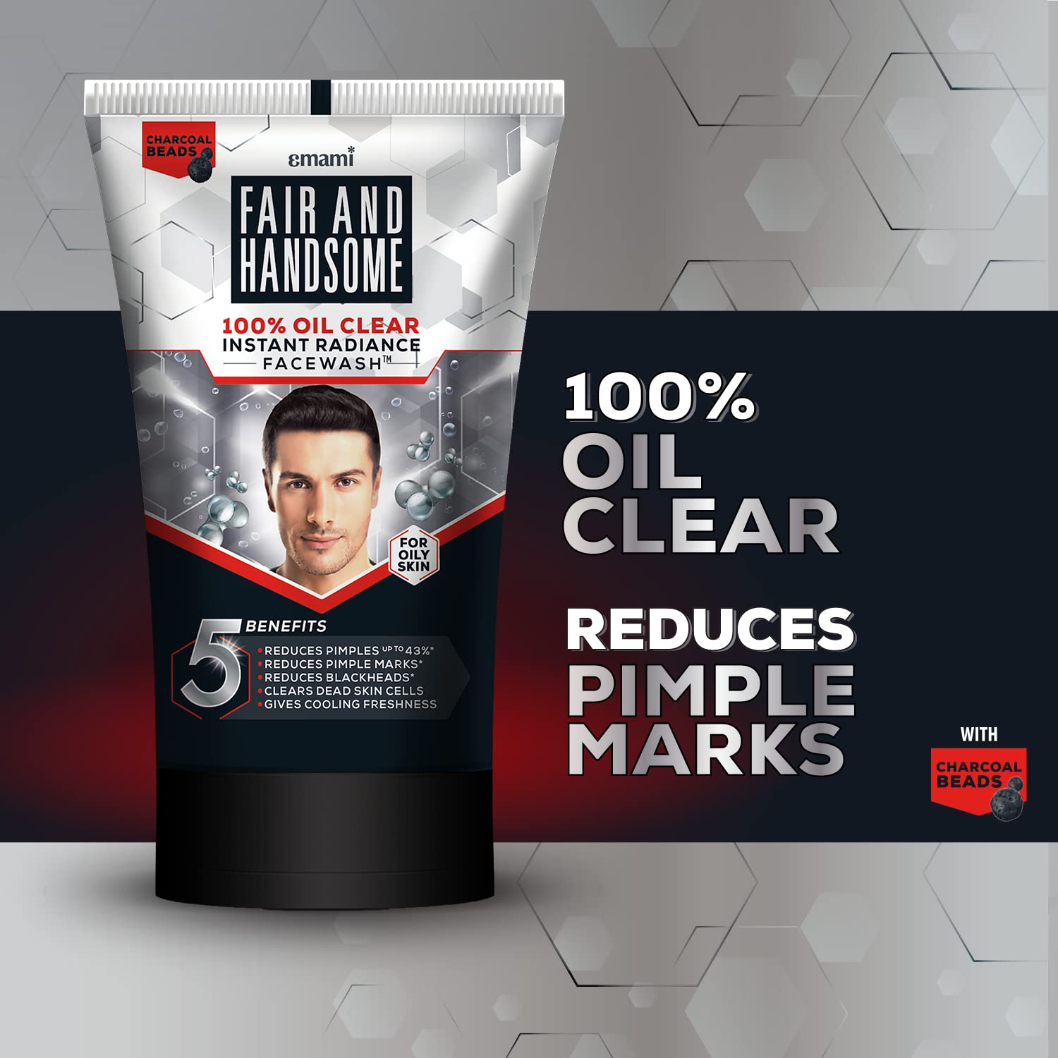 Fair And Handsome 100% Oil Clear Instant Radiance Face Wash for Men - 100g | Deep Cleansing & Brightening | Perfect for Daily Skincare & Pre-Shave Routine