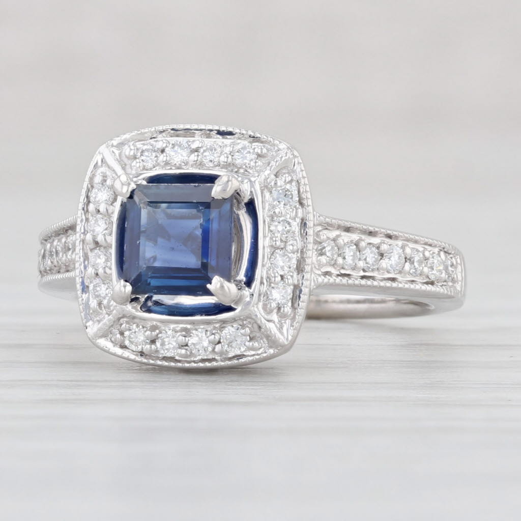 0.67ctw Blue Sapphire & Diamond Halo Engagement Ring in 14K White Gold - Size 4.75 - Perfect for Proposals, Anniversaries & Special Occasions