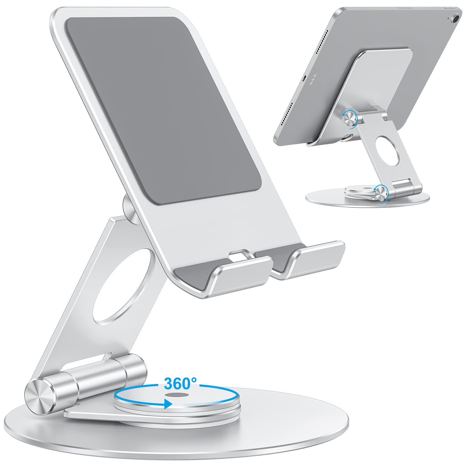 OMOTON 360° Rotating Swivel Tablet Stand - Adjustable & Foldable iPad Holder for iPad Pro/Air/Mini, Drawing, Watching Videos & Reading - Silver (Ideal for Home, Office & Travel Use)