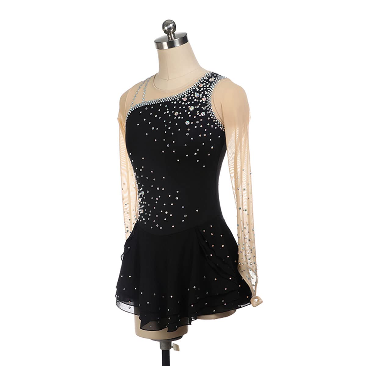 Elegant Women's Figure Skating Dress with Rhinestones - Long Sleeve Ice Skating Leotard for Winter Sports & Gymnastics Performance | Perfect for Competitions, Shows, and Practice Sessions
