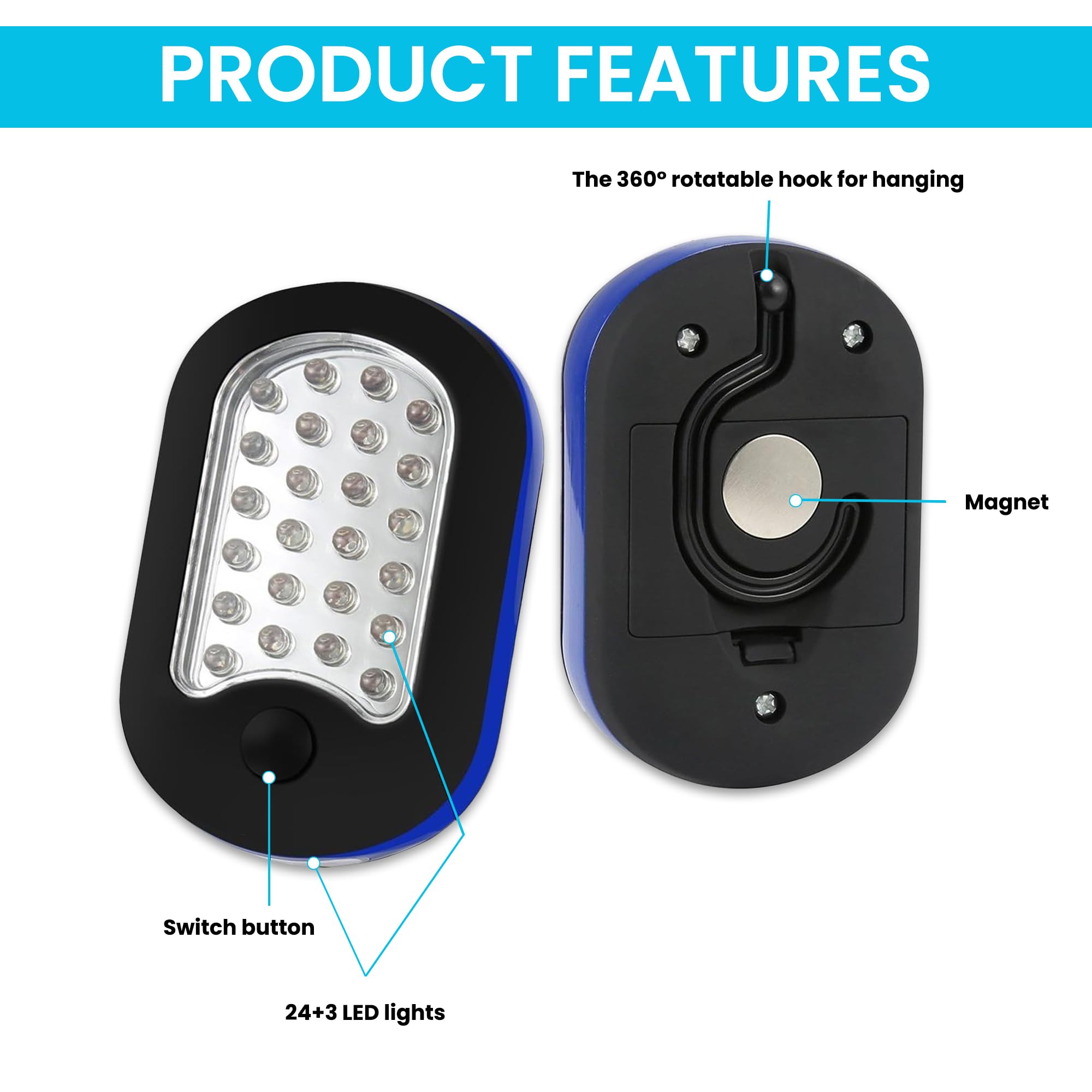 AlltroLite 3-Pack LED Work Light - Portable Magnetic Flashlight with Rotating Hook & Push Button | Battery Powered Pocket Light for Car Repair, Emergency, Hiking, Camping | Perfect for Mechanics, Home DIY & Outdoor Adventures