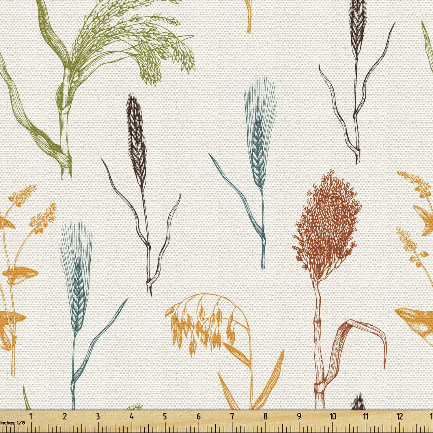 Ambesonne Botanical Fabric by The Yard - Forest Herbs, Wheat, Rye & Barley Nature Print - Decorative Upholstery & Home Accent Fabric (10 Yards, Off White Multicolor) - Perfect for DIY Curtains, Pillows & Farmhouse Decor