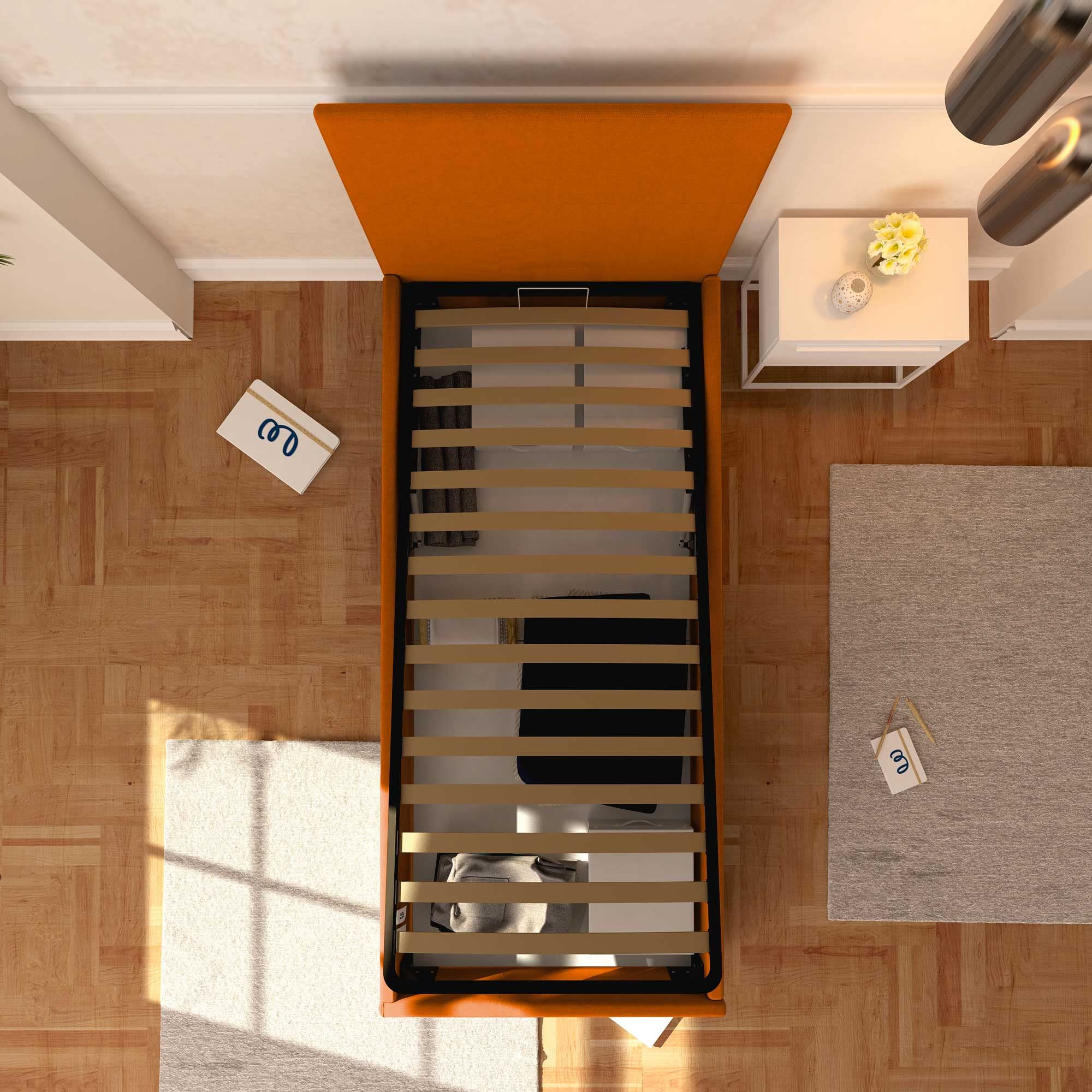 Baldiflex Single Bed with Storage - Rossano Model Synthetic Leather Upholstery, Slatted Base for Single Mattresses, 80 x 200 cm, Elegant Headboard in Orange - Perfect for Small Bedrooms, Guest Rooms & Studio Apartments