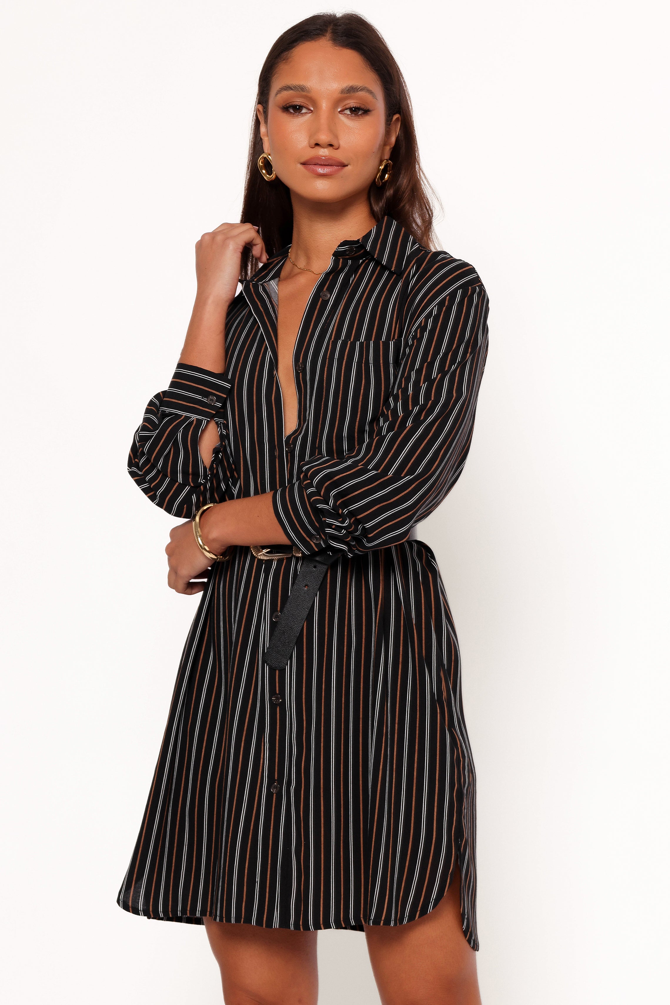 Elsa Shirt for Women - Black & Camel Color Block Long Sleeve Tops | Casual Office Wear, Date Night Outfit, Fall Winter Fashion