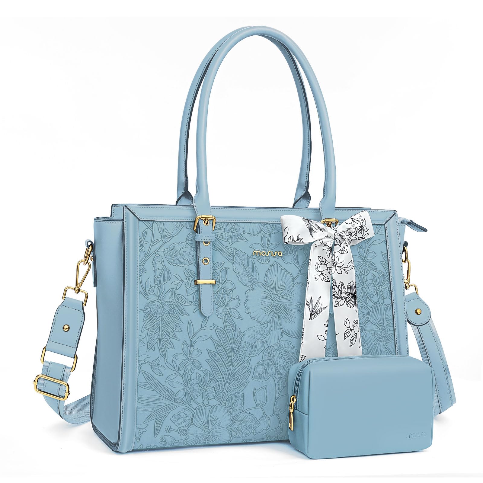 MOSISO 17-17.3 Inch Laptop Tote Bag for Women - PU Leather Computer Bag Compatible with MacBook Pro/Air, HP, Dell, Asus - Stylish Retro Hibiscus Design with Silk Scarf & Clutch Purse (Air Blue) - Perfect for Work, Travel & Business Meetings