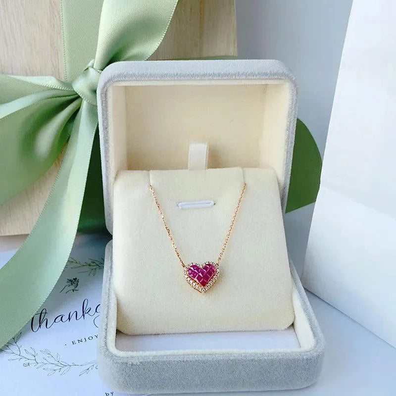 18K Rose Gold Natural Ruby Heart Pendant Necklace for Women - 18 Inch Chain, Luxury Gift for Valentine's Day, Anniversary & Special Occasions