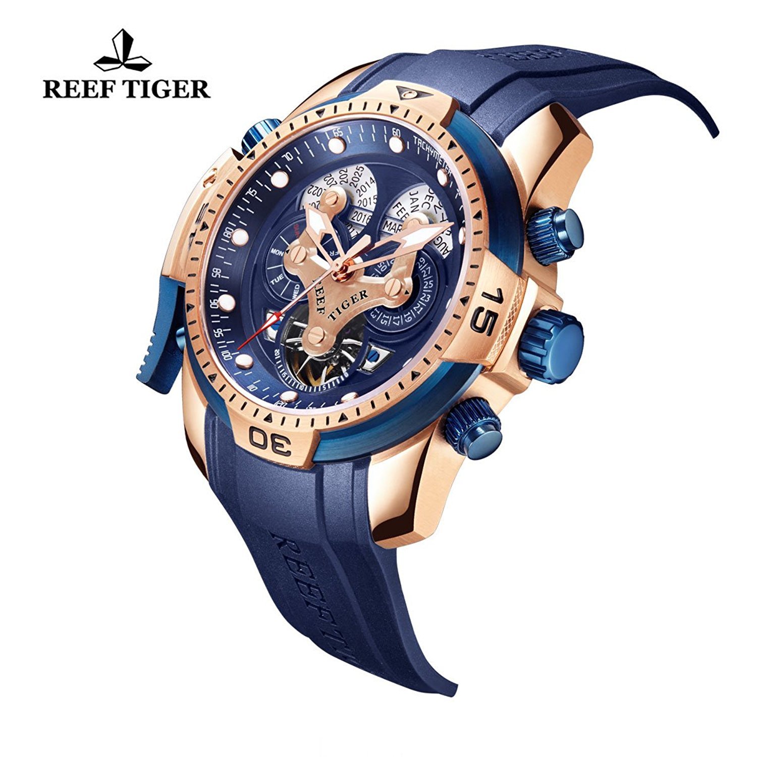 Reef Tiger Men's Military Automatic Watch - Rose Gold Case, Blue Dial, Sport Chronograph RT-W003 | Durable Outdoor & Dress Watch for Hiking, Business & Casual Wear