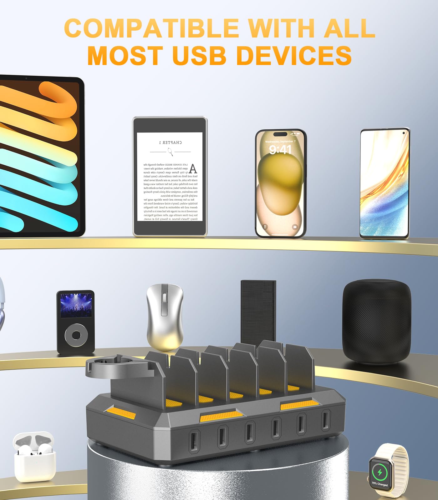 50W USB Multi Charging Station for iPhone, iPad, Android - 6-in-1 Fast Charger with Mixed Cables for Smartphones, Tablets, Kindle | Space Gray | Perfect for Home, Office & Travel
