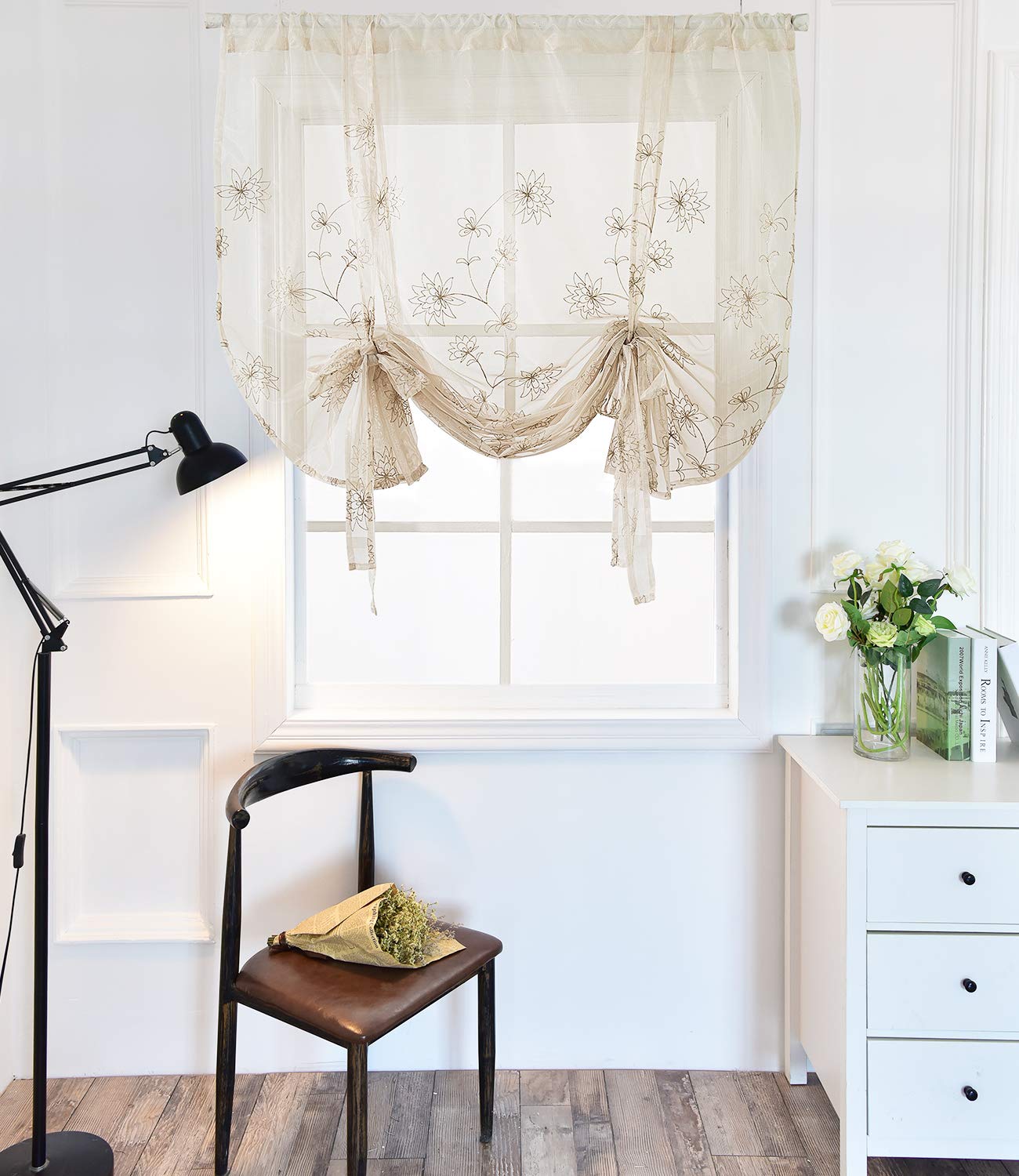 Molaxhome 46x63 Inch Roman Curtain Window Shades - Embroidered Balloon Sheer Drapes with Rod Pocket, 1 Panel Floral Kitchen Curtain for Living Room & Bedroom | Light Filtering Elegant Home Decor