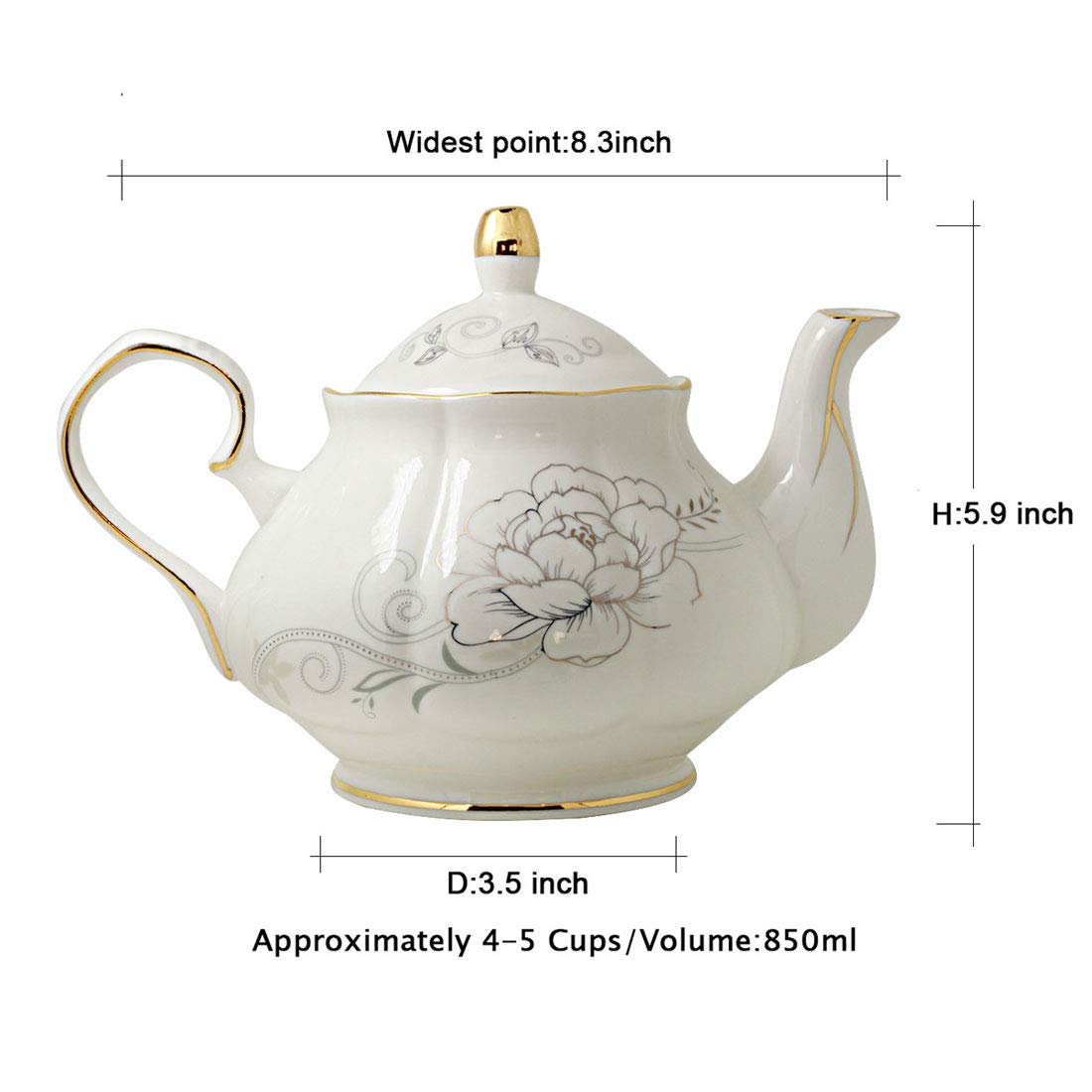 Premium Jomop Ceramic Teapot with Elegant Floral Design - 855ml (4 Cups) in Luxurious Gold - Perfect for Afternoon Tea, Gifts & Home Decor