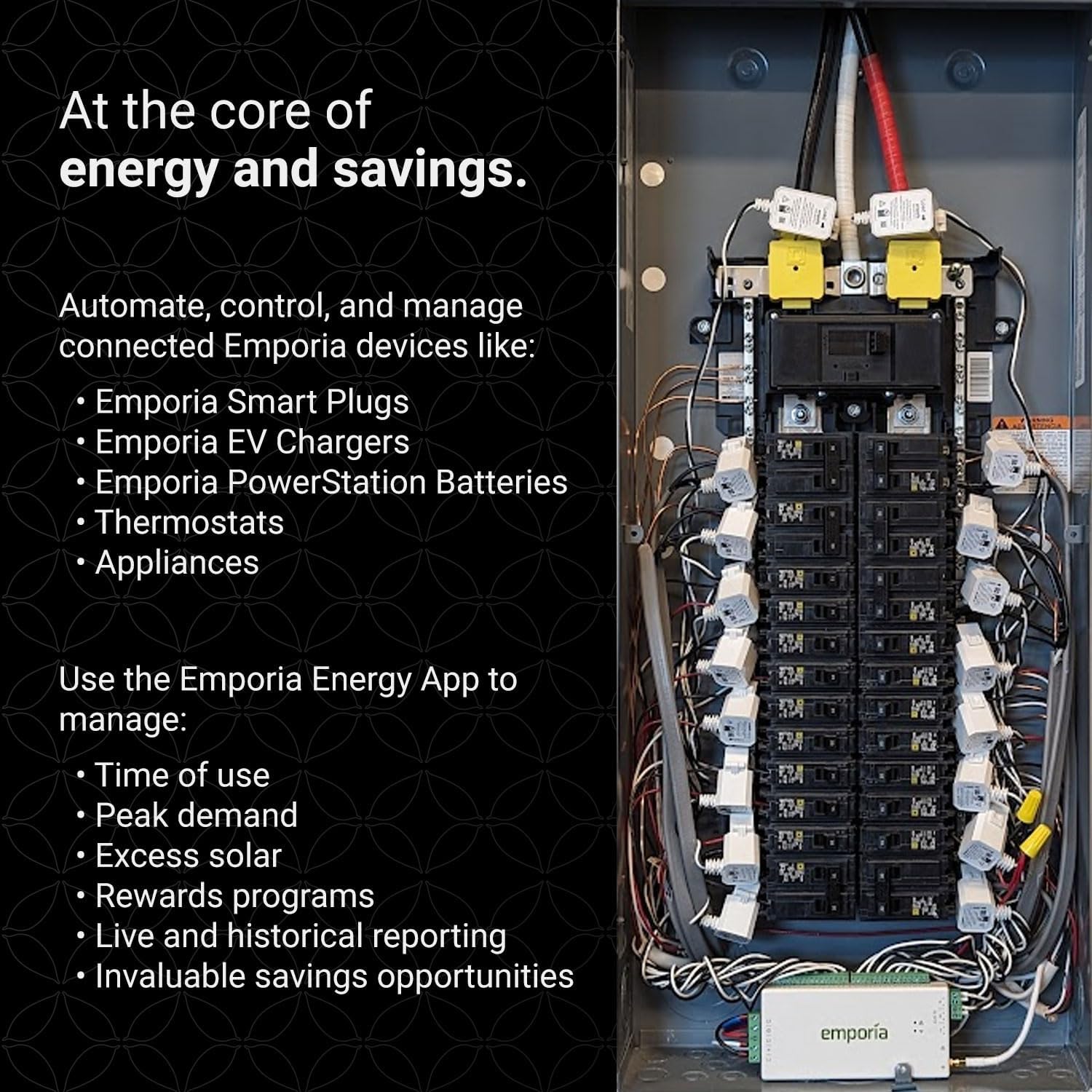 Emporia Gen 3 Smart Home Energy Monitor with 8 50A Circuit Sensors | Real-Time Electricity Usage Tracker | Solar & Net Metering Compatible | Home Automation Energy Savings | Perfect for Solar Homes & Energy-Conscious Households