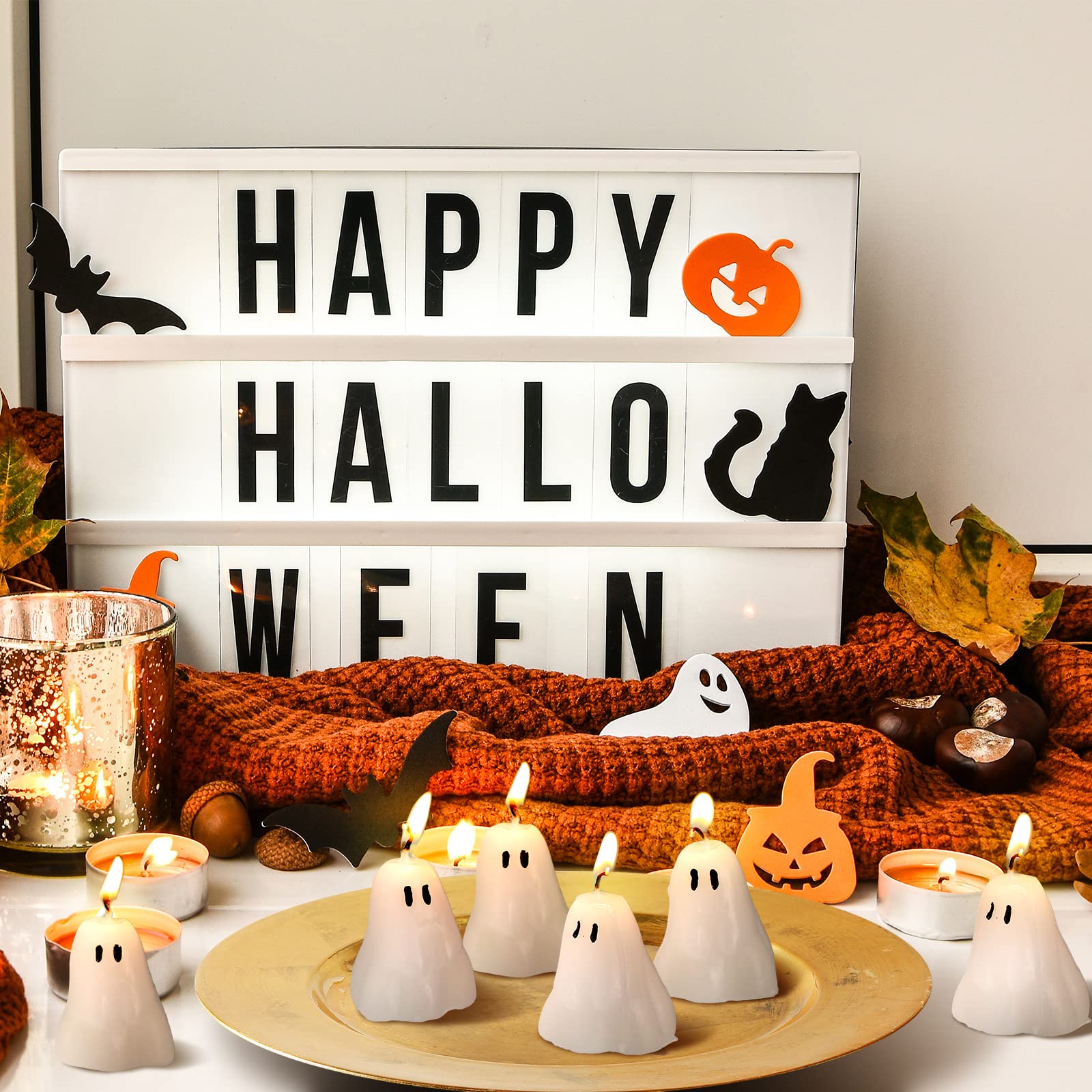 Jetec 12-Piece Halloween Ghost Candles Set - Spooky Fun Face Tabletop Decorations for Holiday Parties, Home Decor & Haunted House Themes (Cute Style) - Perfect for Halloween Centerpieces, Trick-or-Treat Displays & Themed Dinner Settings