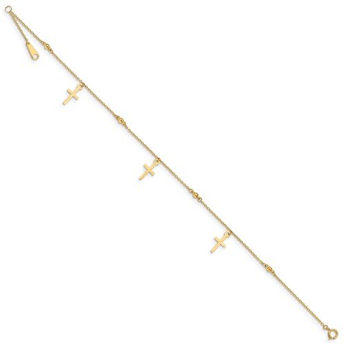 14KT Yellow Gold Polished & Textured Cross Ankle Bracelet for Women - Elegant Religious Jewelry Gift for Baptism, Wedding & Everyday Wear