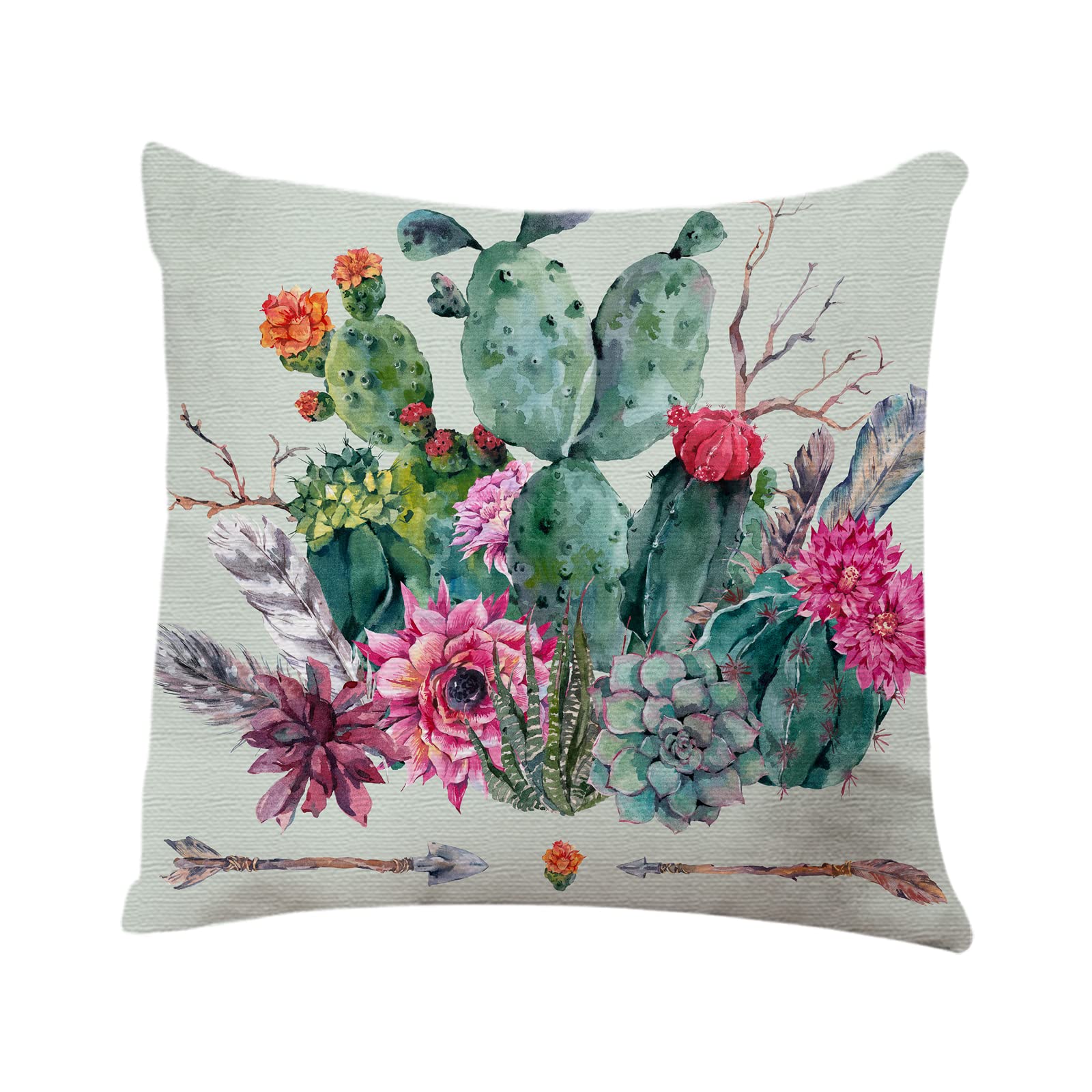 Boho Exotic Cactus Arrow Throw Pillow Cover 18x18 Inches - Decorative Sofa Cushion Case for Living Room, Bedroom & Outdoor Patio Decor