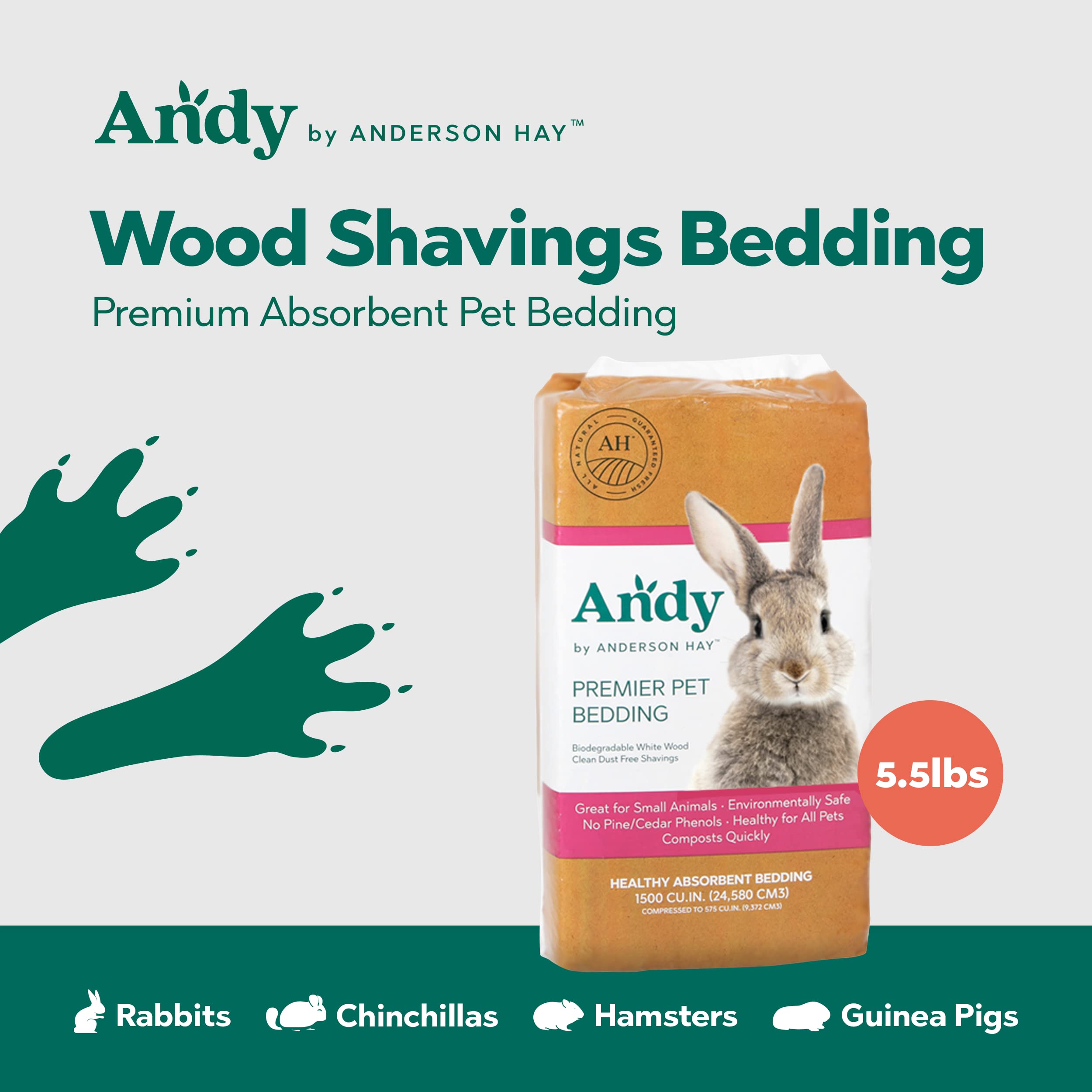 Premium Andy White Wood Shavings Bedding - 5.5 lb Natural Soft Pet Bedding for Hamsters, Rabbits, Guinea Pigs & Small Animals | Odor Control, Absorbent & Comfortable | Ideal for Cages, Hutches & Nesting Areas