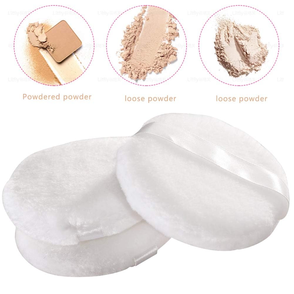 4 PCS Large Velour Powder Puffs - 4.13 Inch Round Ultra Soft Body & Face Powder Applicators, Washable Fluffy Makeup Puffs with Ribbon for Loose Powder, Baby Powder & Cosmetics - Perfect for Home Spa, Makeup Application & Baby Care Routines