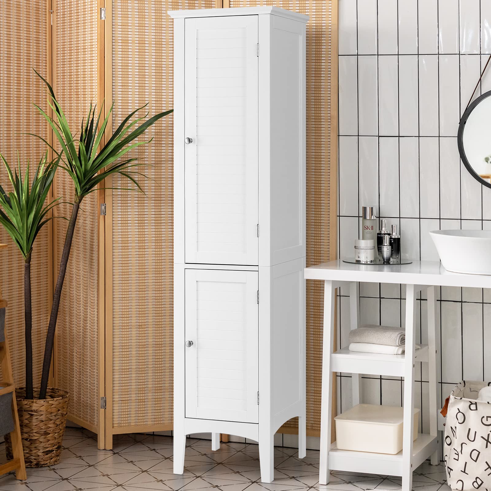 Giantex 5-Tier Storage Cabinet - Freestanding Tall Bathroom & Kitchen Organizer with Shelves, Slim Floor Cabinet for Living Room, Bedroom, Linen & Towel Storage (White) - Perfect for Small Spaces & Home Organization